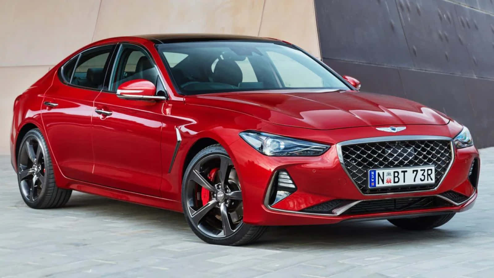 Genesis G70, glossy red, modern concrete wall, HD Desktop Wallpaper