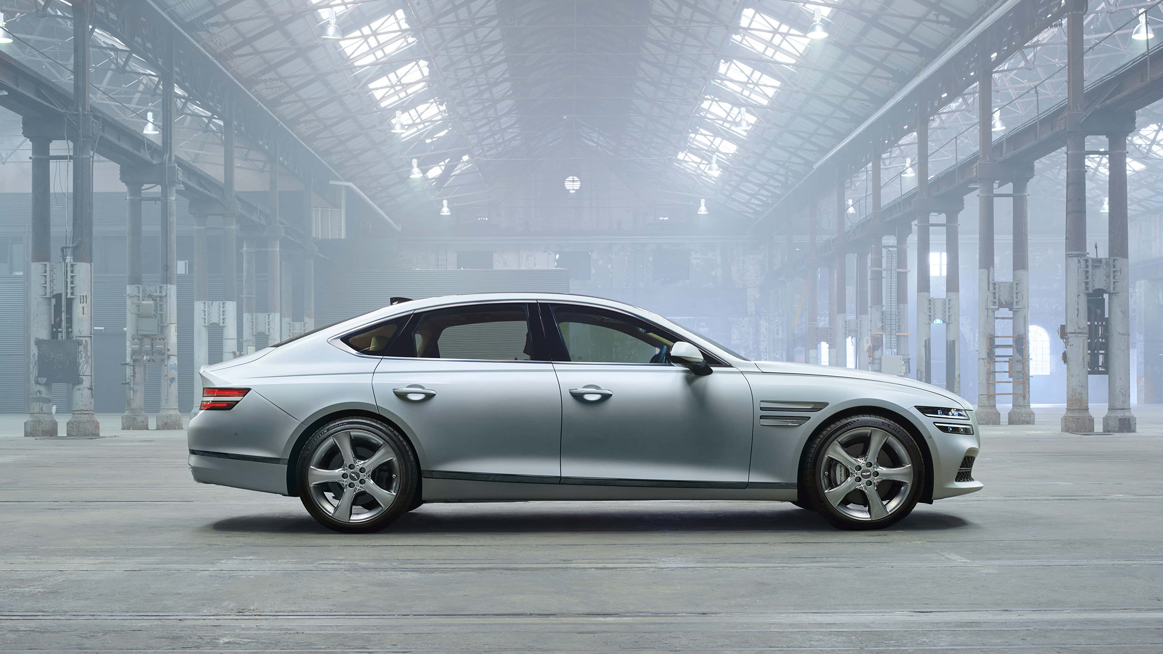 Genesis G80, silver, industrial warehouse, 4K Desktop Wallpaper