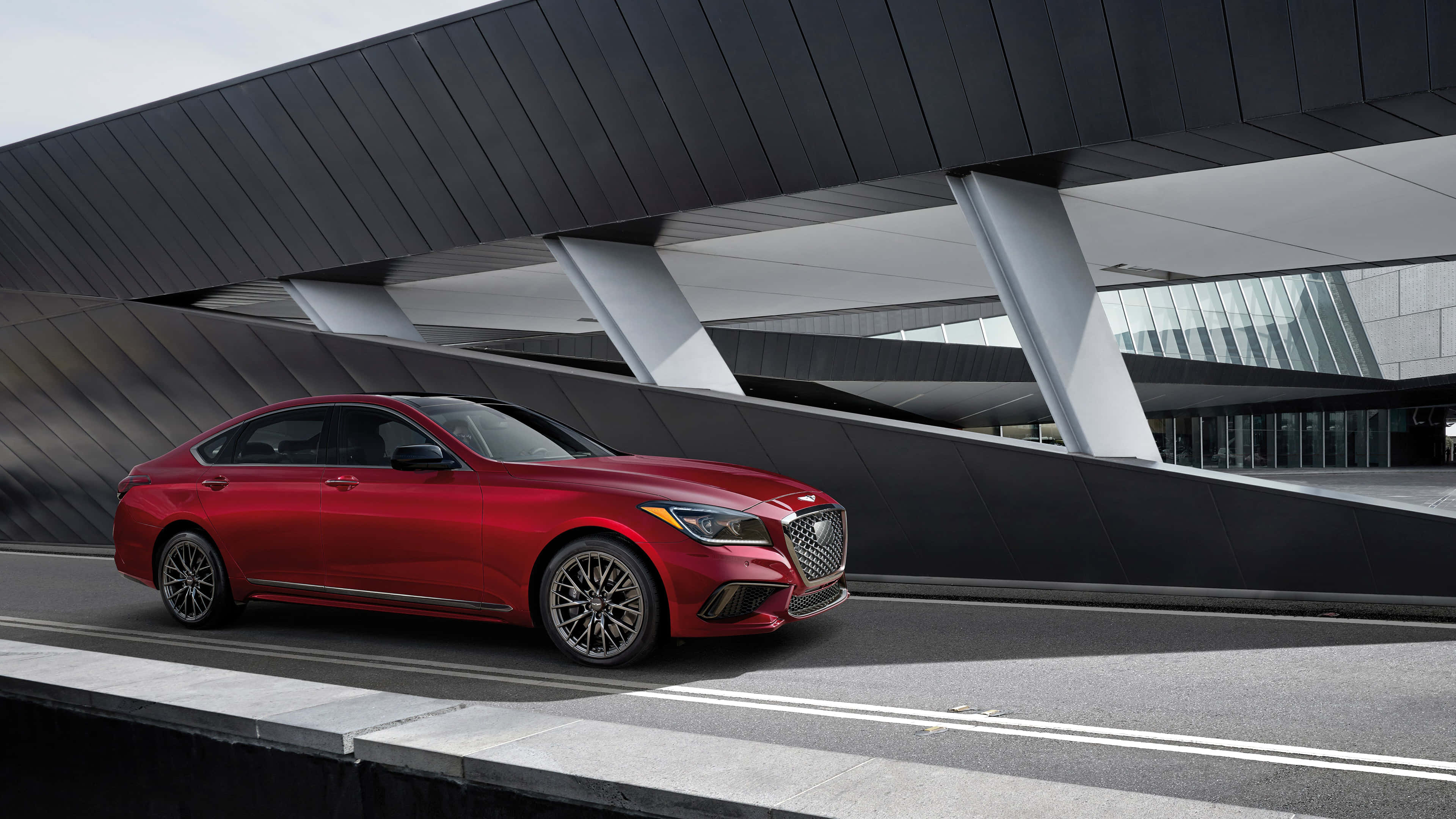 Genesis G80, glossy red, modern architectural overpass, 4K Desktop Wallpaper