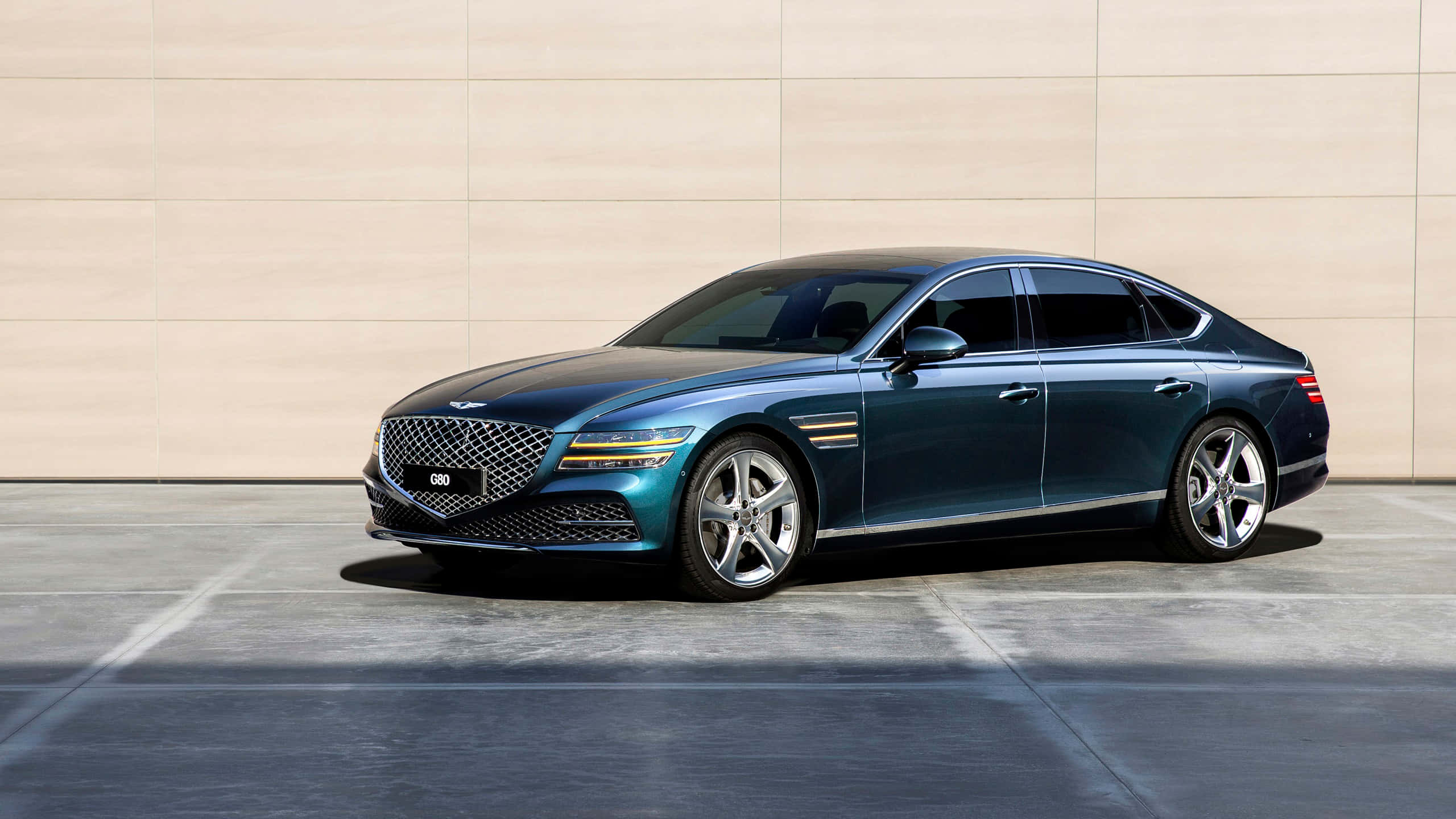 Genesis G80, blue, minimalist beige wall, 2K Desktop Wallpaper