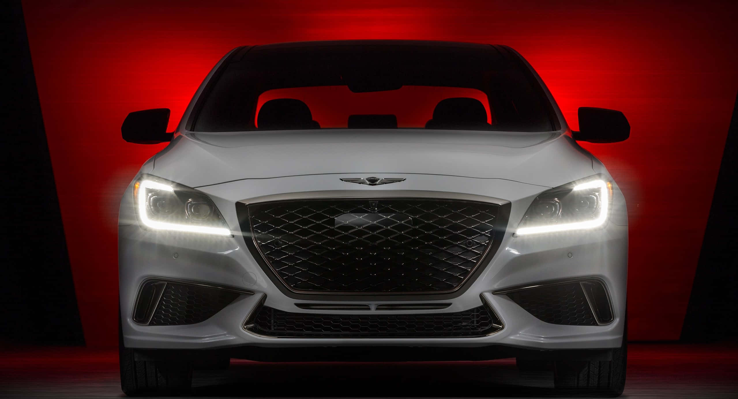 Genesis G80, white, glowing headlights, Full HD Desktop Wallpaper