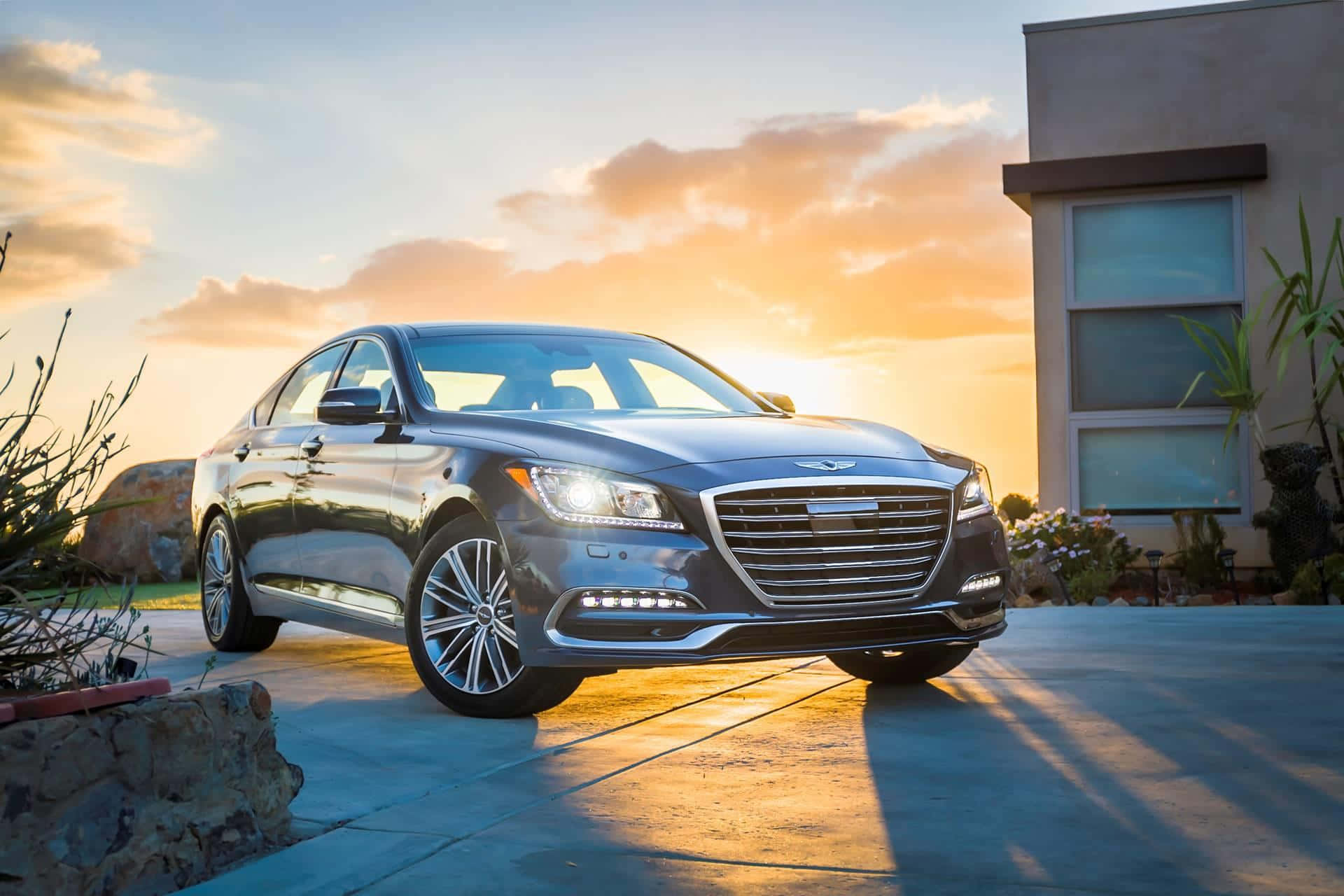 Genesis G80, silver, golden sunset, Full HD Desktop Wallpaper