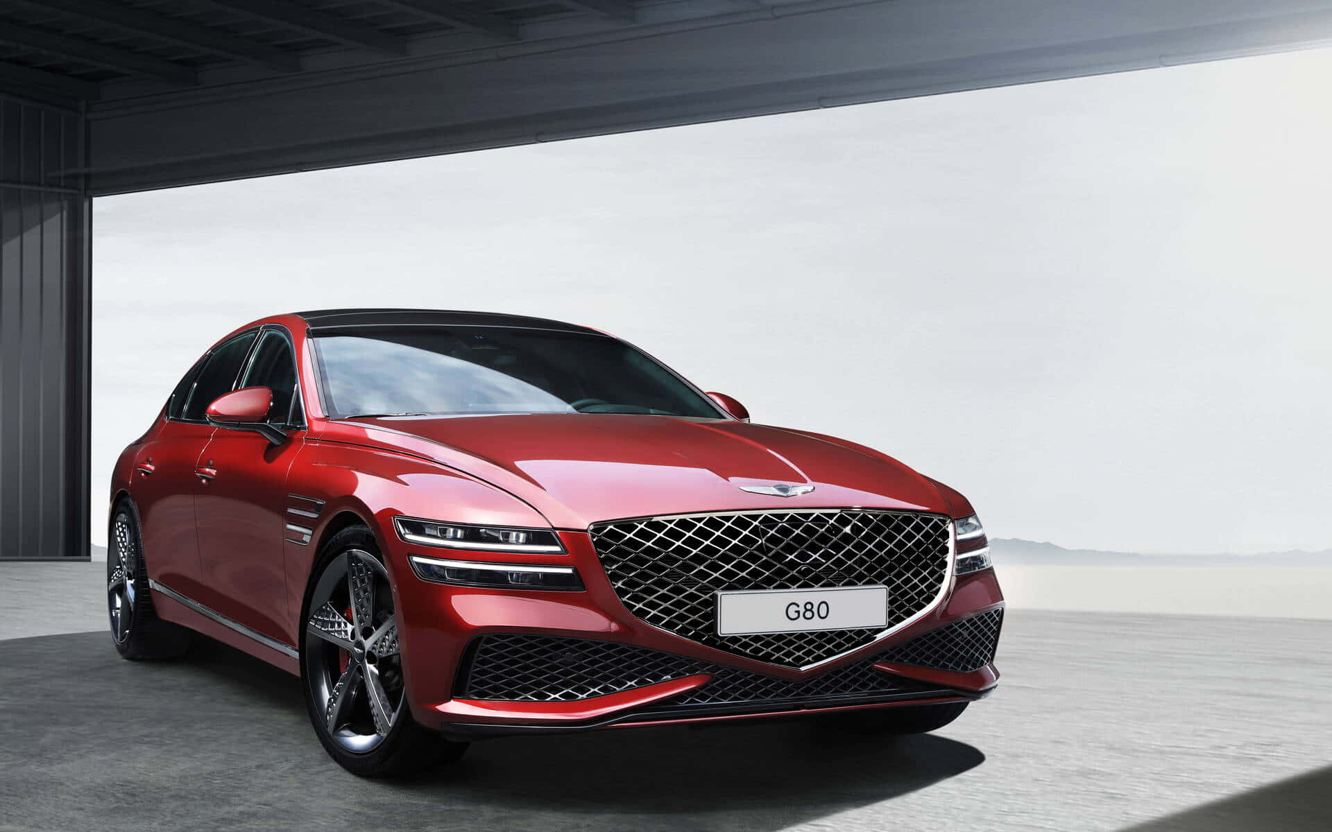 Genesis G80, red, minimalist industrial garage, Full HD Desktop Wallpaper