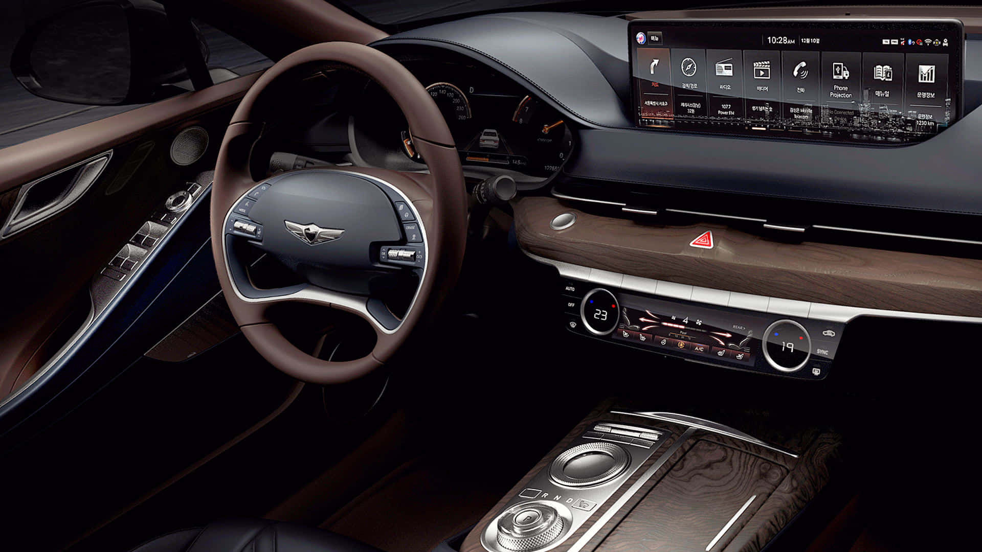 Genesis G80, brown leather steering wheel, wood trim, Full HD Desktop Wallpaper