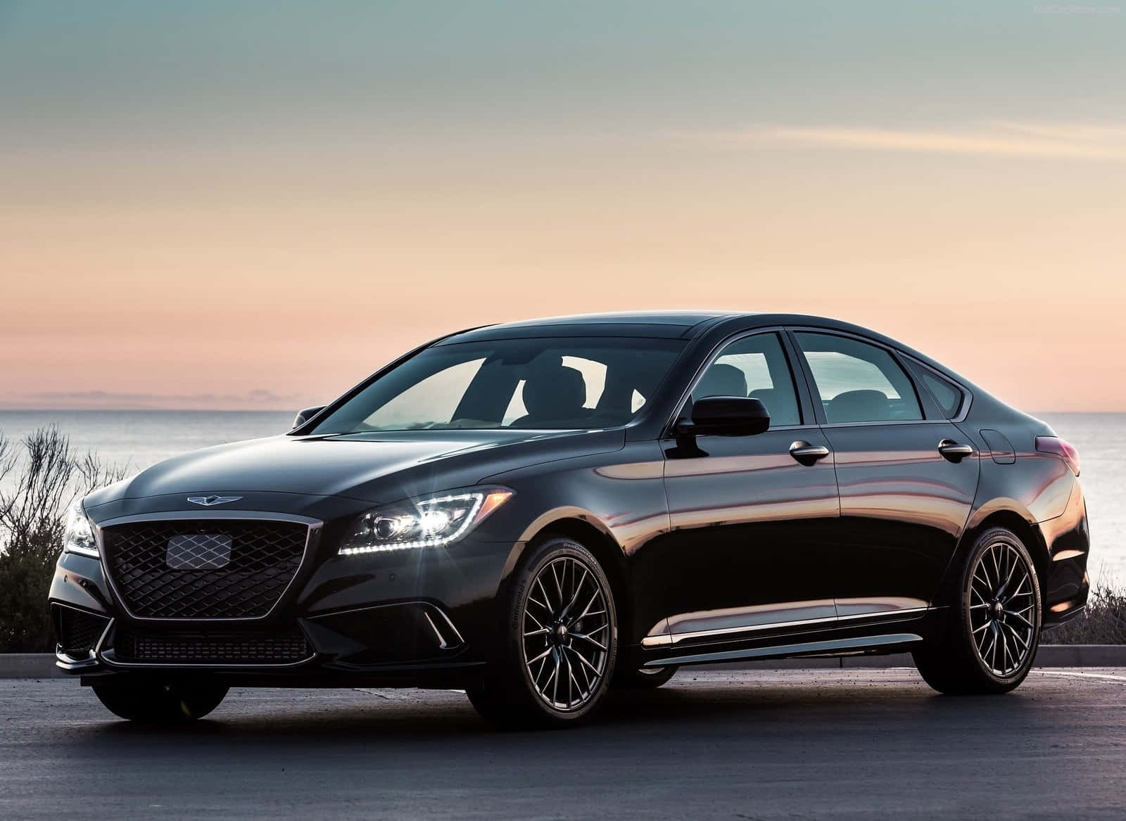Genesis G80, sleek black luxury sedan, sunset hues, HD Desktop Wallpaper
