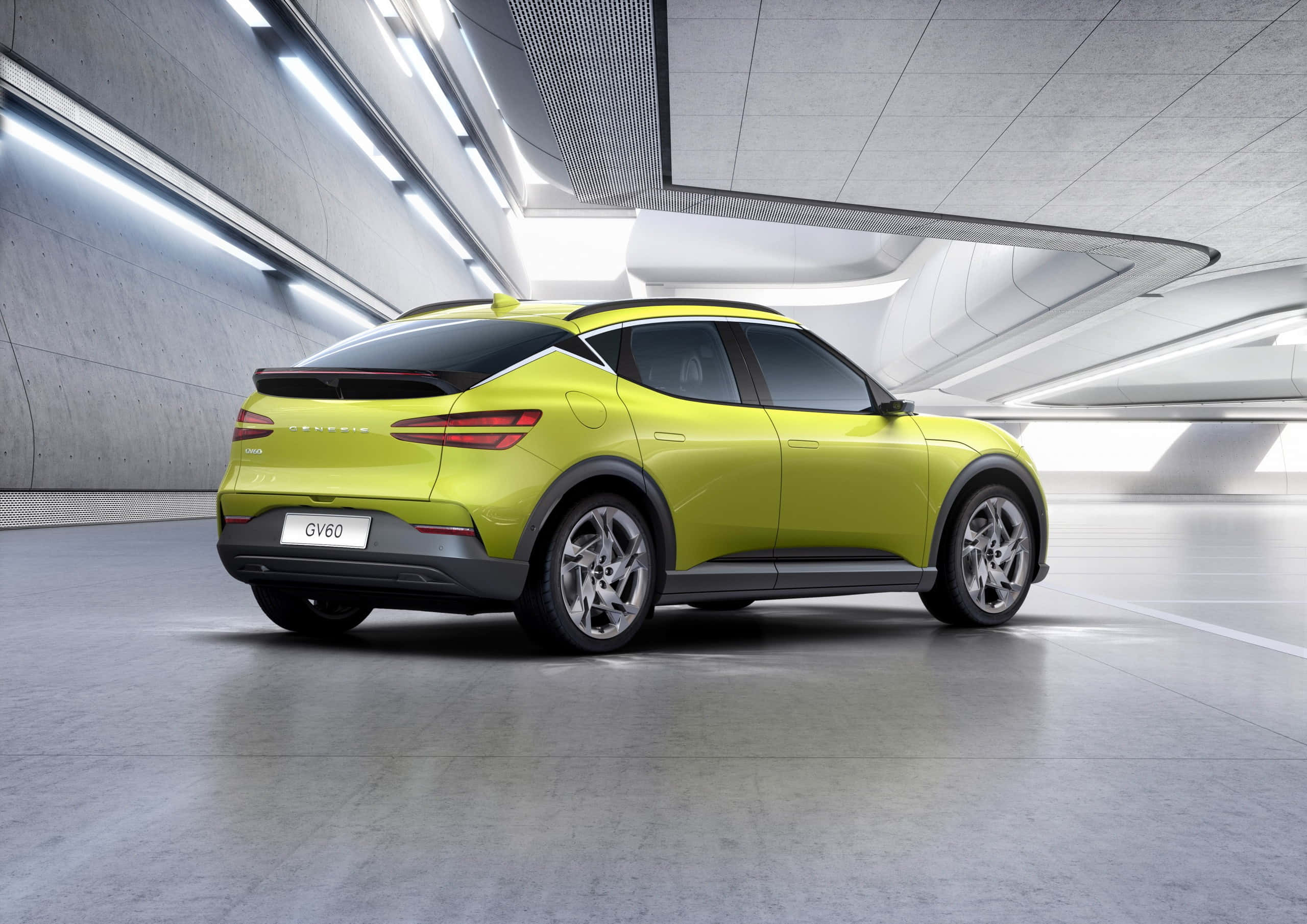 Genesis GV60, lime green, futuristic tunnel, 2K Desktop Wallpaper
