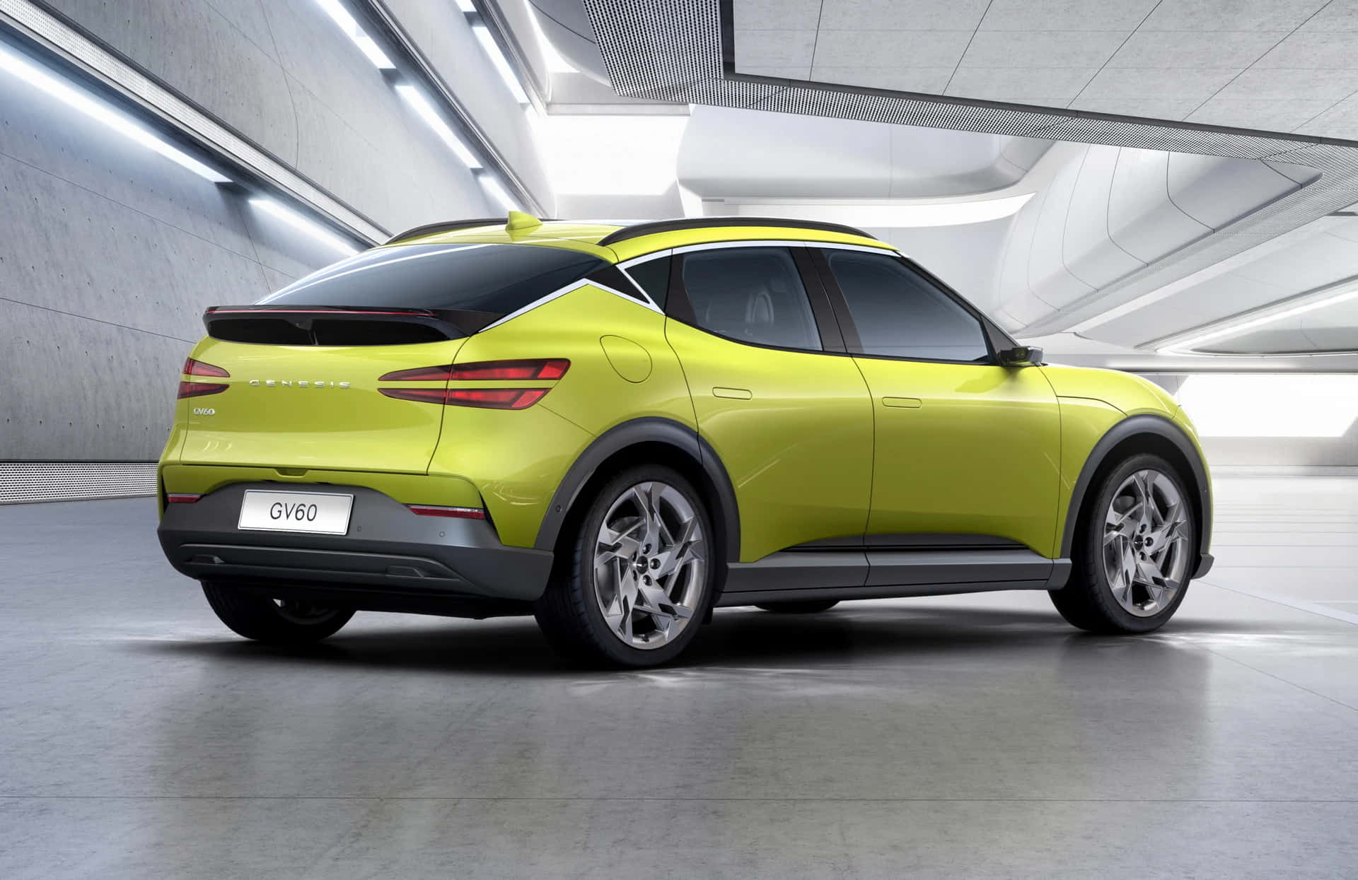 Genesis GV60, lime green, futuristic underground garage, Full HD Desktop Wallpaper