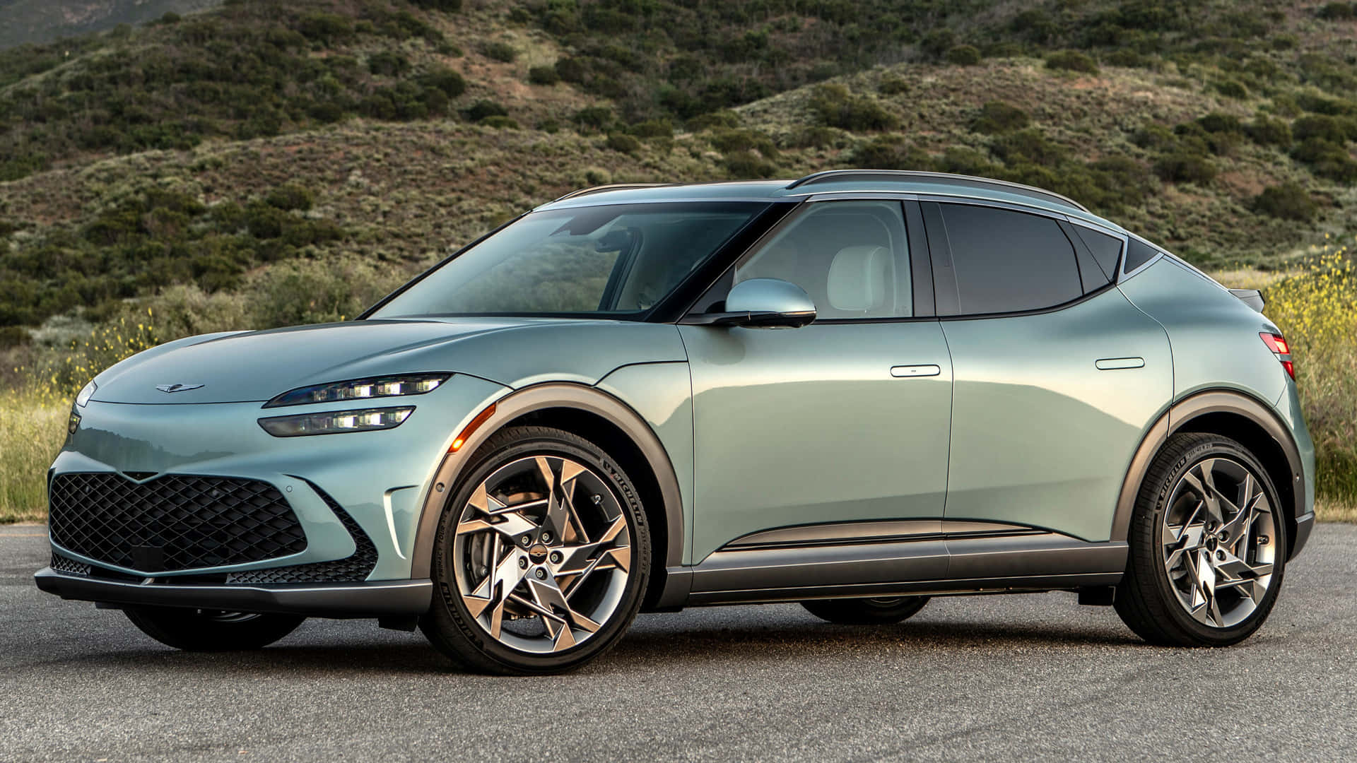 Genesis GV60, mint green, gold-accented wheels, Full HD Desktop Wallpaper