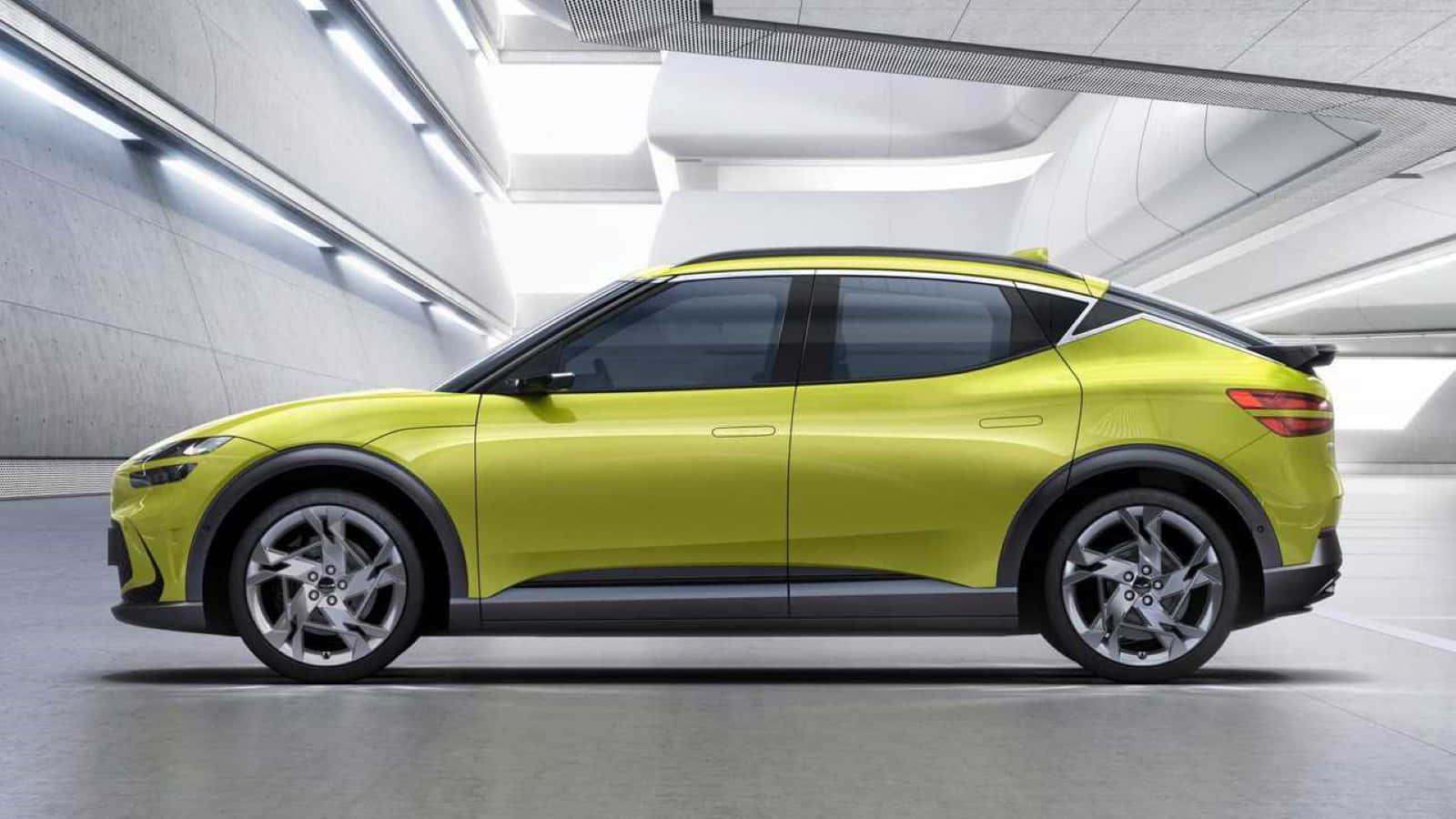 Genesis GV60, lime green, futuristic underground garage, HD Desktop Wallpaper