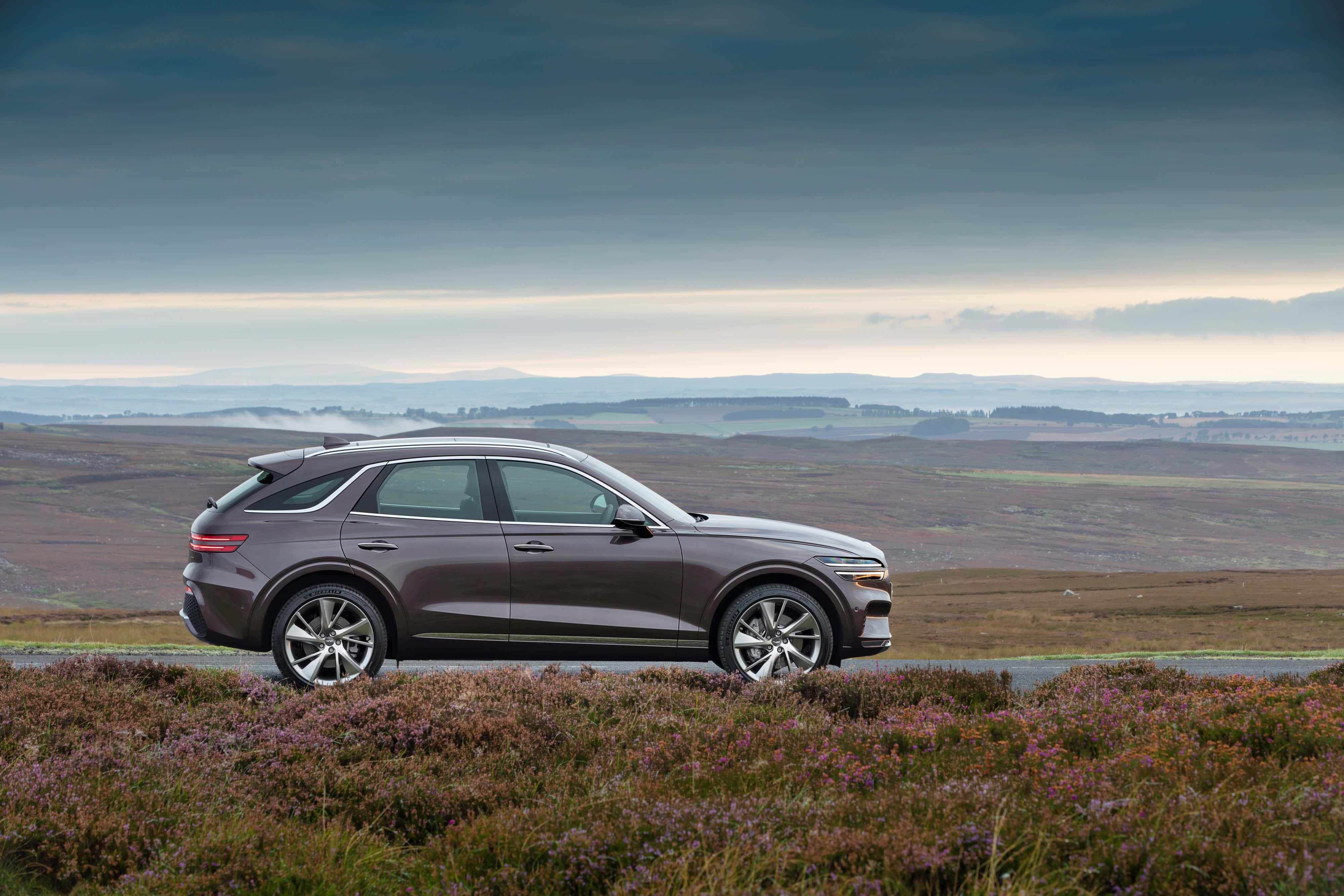 Genesis GV70, gray, purple heather field, 4K Desktop Wallpaper