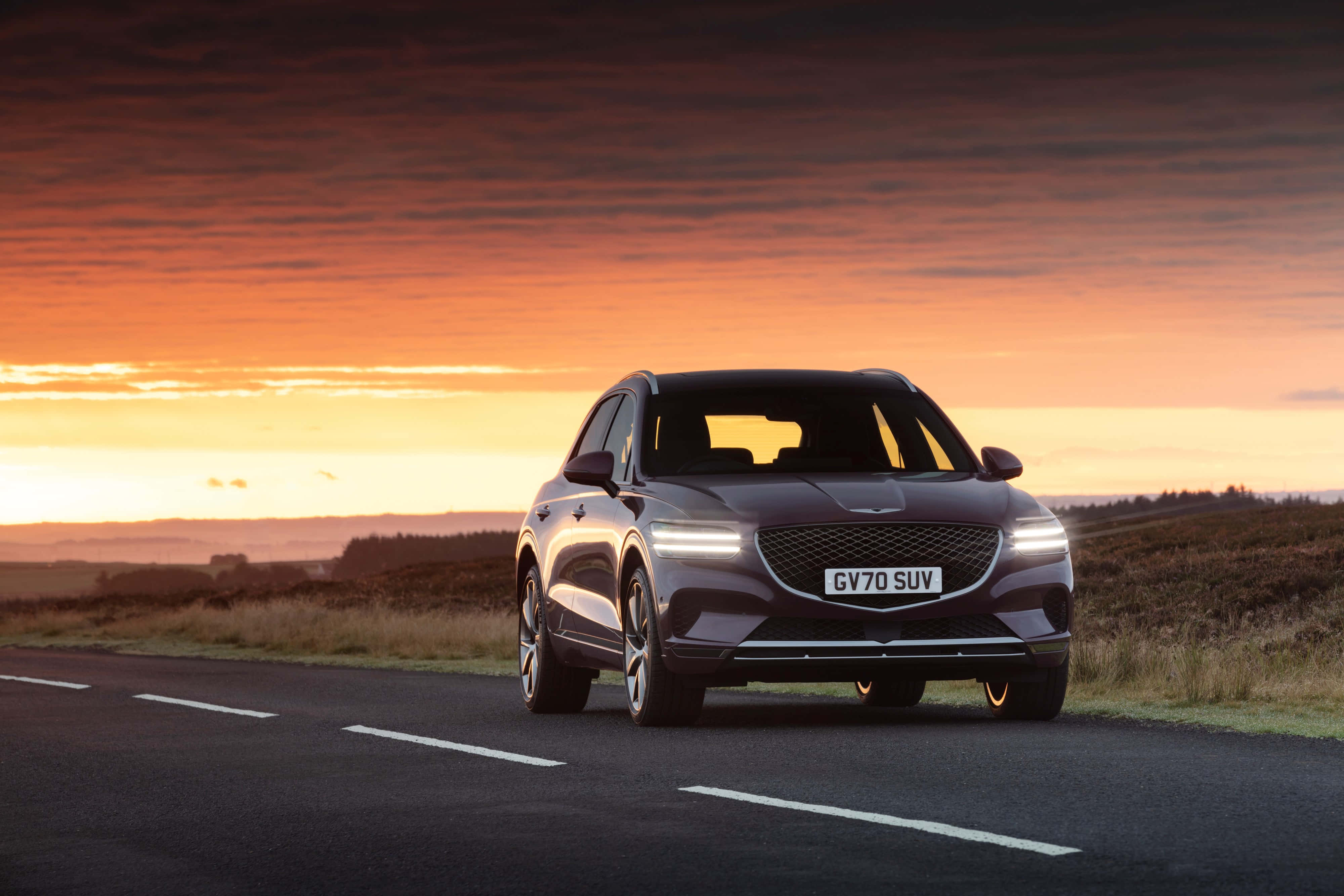 Genesis GV70, dark SUV, rural road, 4K Desktop Wallpaper