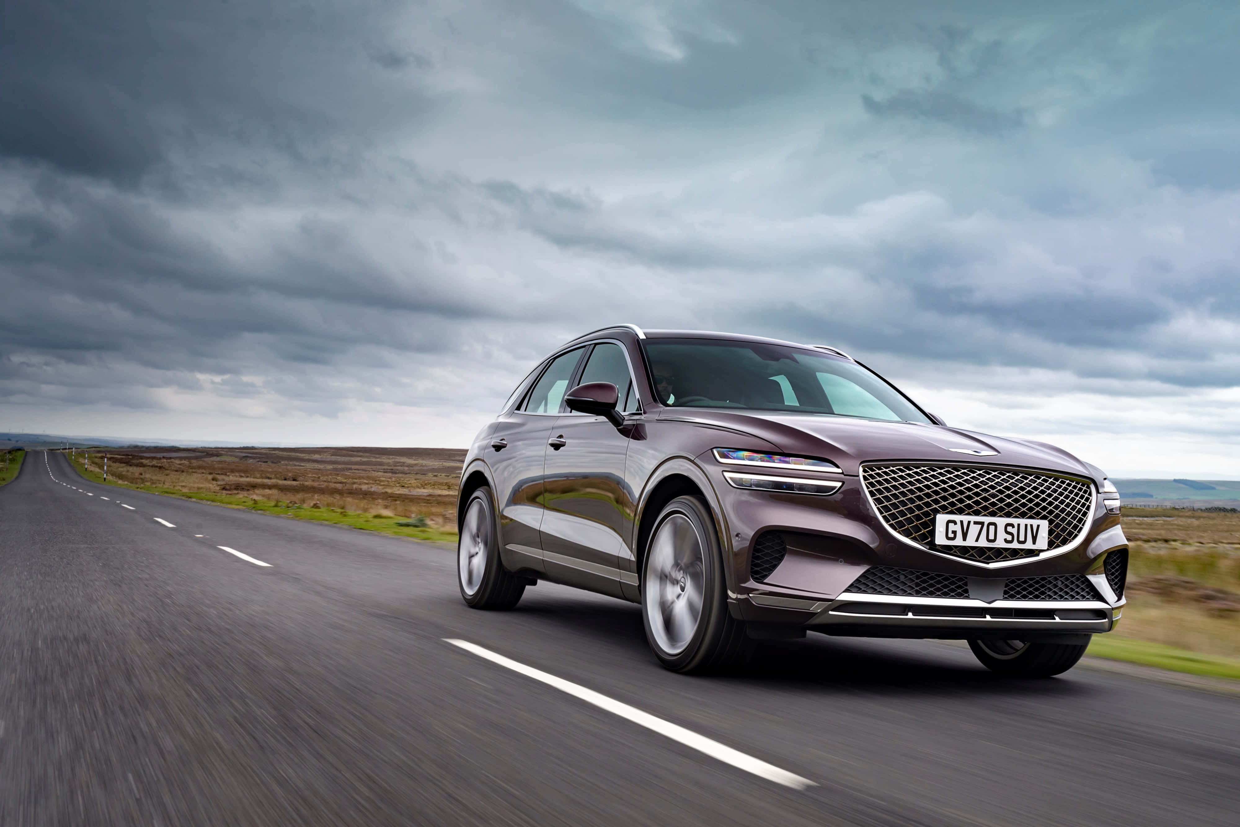 Genesis GV70, maroon, winding rural road, 4K Desktop Wallpaper