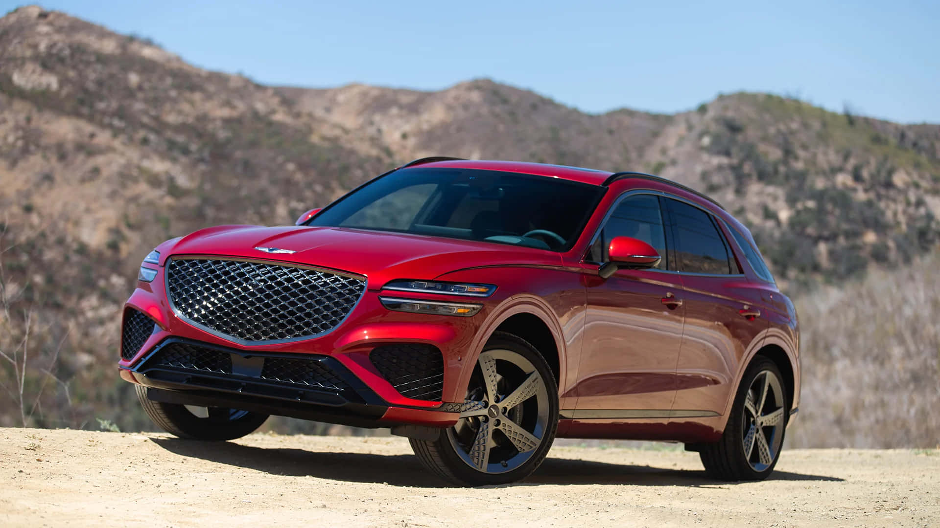 Genesis GV70, glossy red, dusty trail, Full HD Desktop Wallpaper