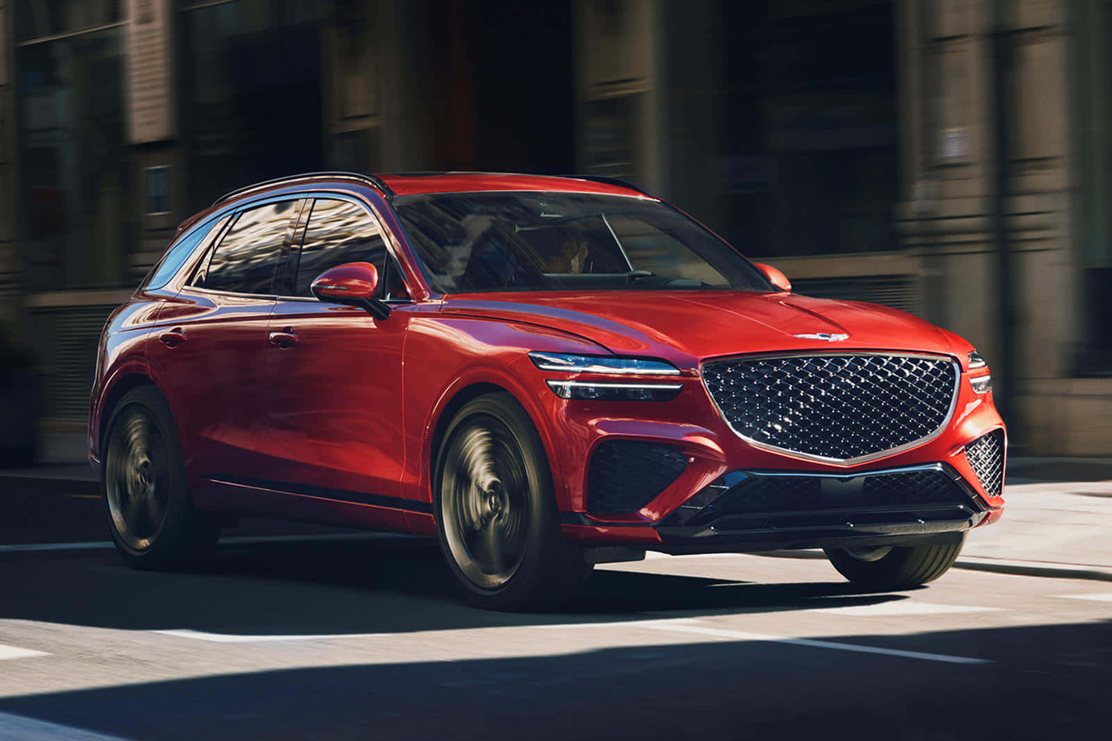 Genesis GV70, vibrant red, sunlit city street, HD Desktop Wallpaper