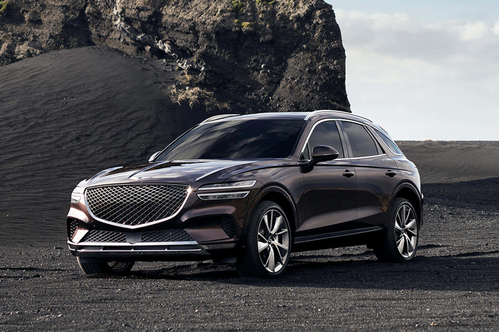 Genesis GV70, dark brown, black volcanic sand, HD Desktop Wallpaper