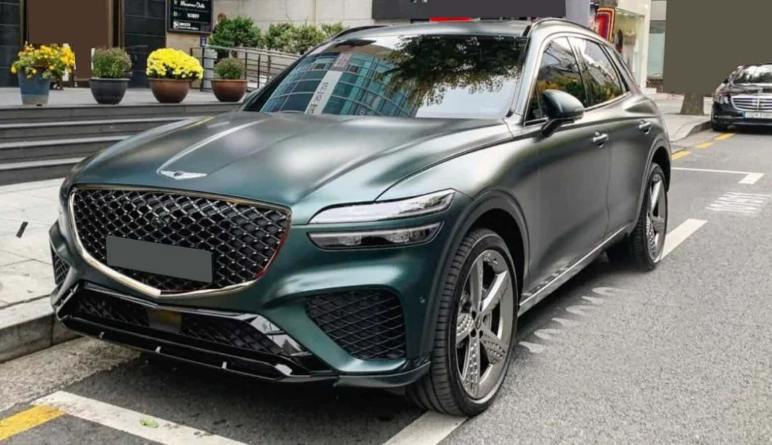 Genesis GV70, matte green, city street, HD Desktop Wallpaper