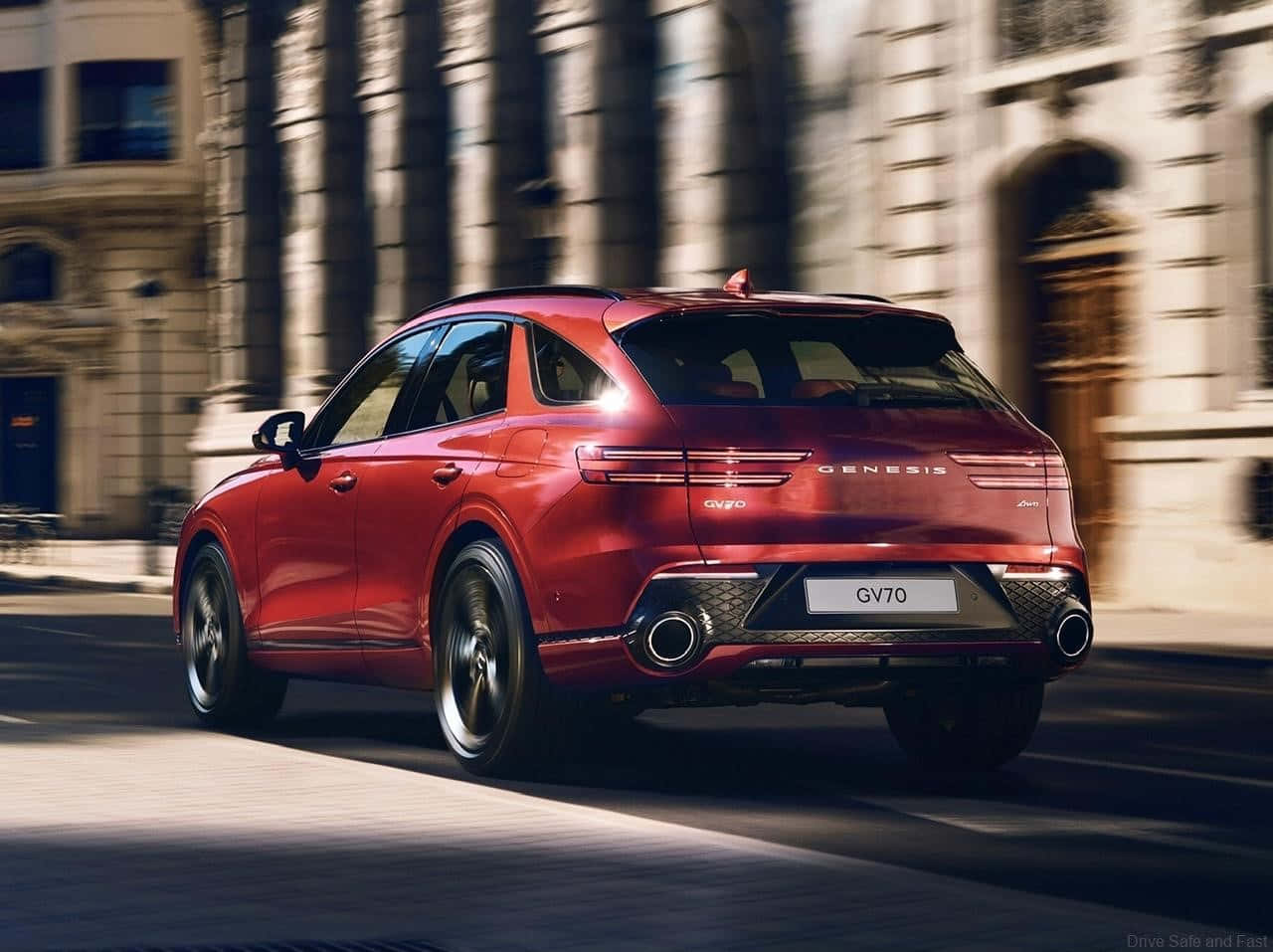 Genesis GV70, vibrant red, sunlit urban street, HD Desktop Wallpaper