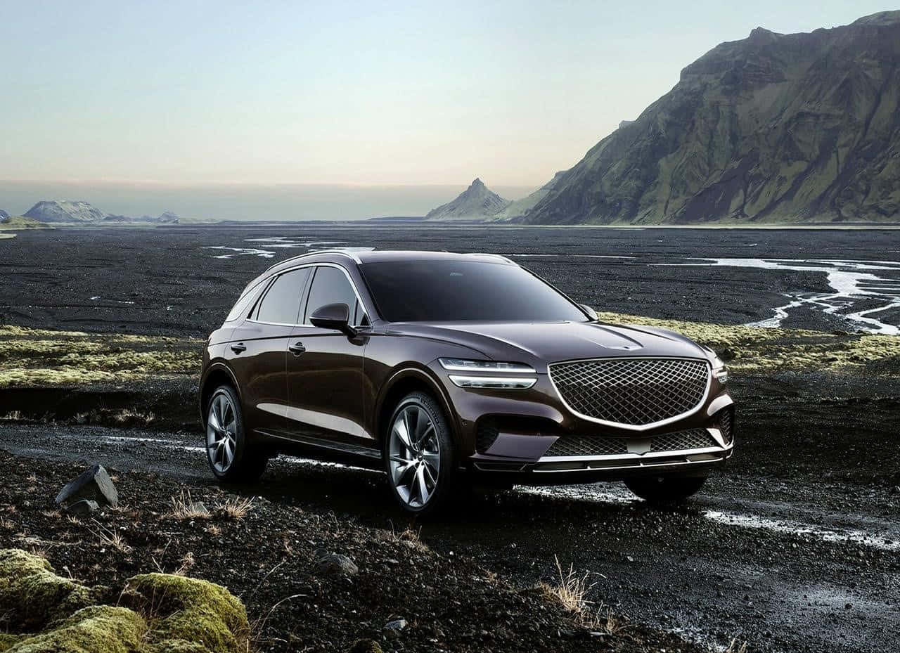 Genesis GV70, brown, black volcanic landscape, HD Desktop Wallpaper