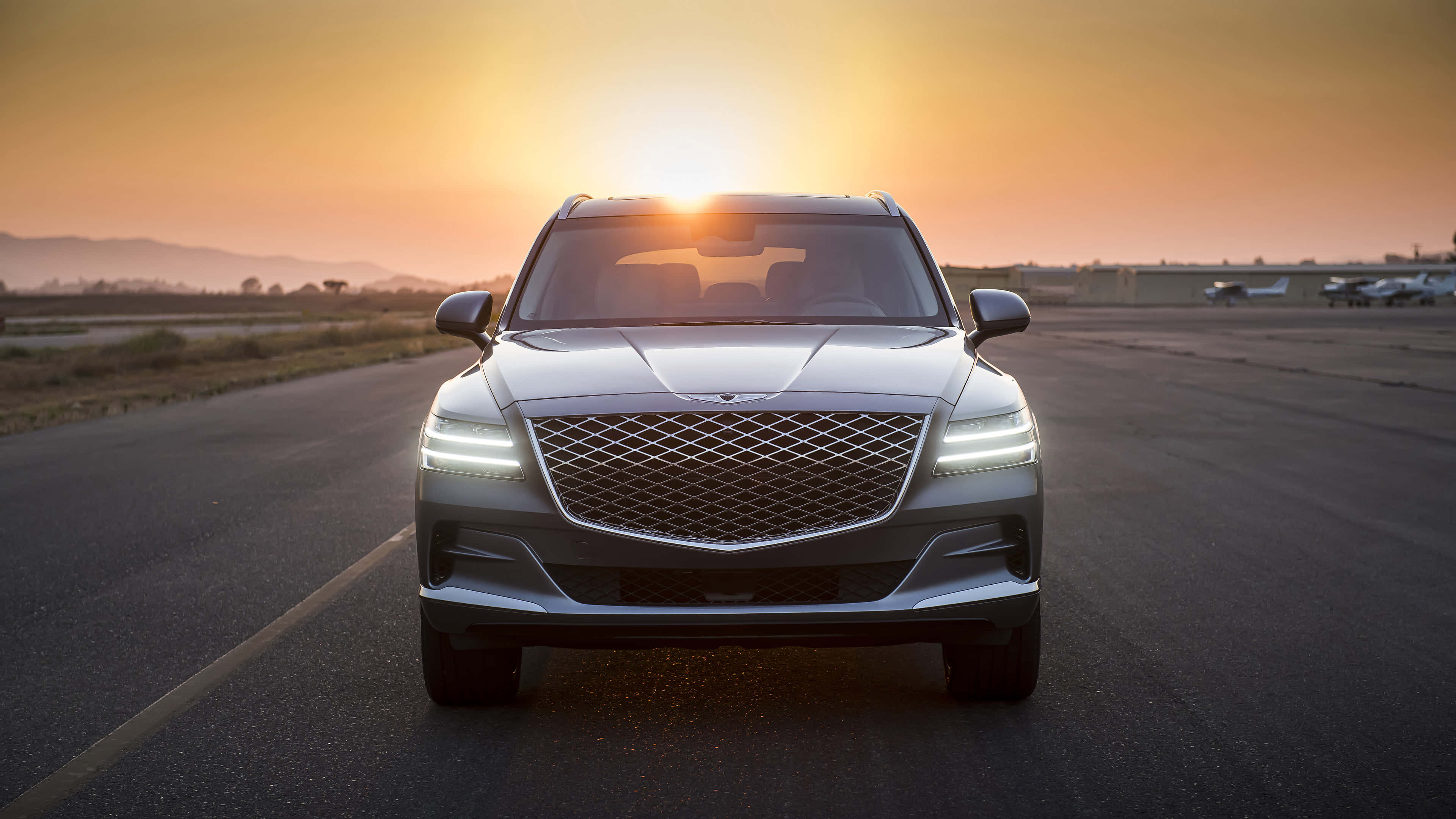 Genesis GV80, sleek silver SUV, empty runway, 4K Desktop Wallpaper