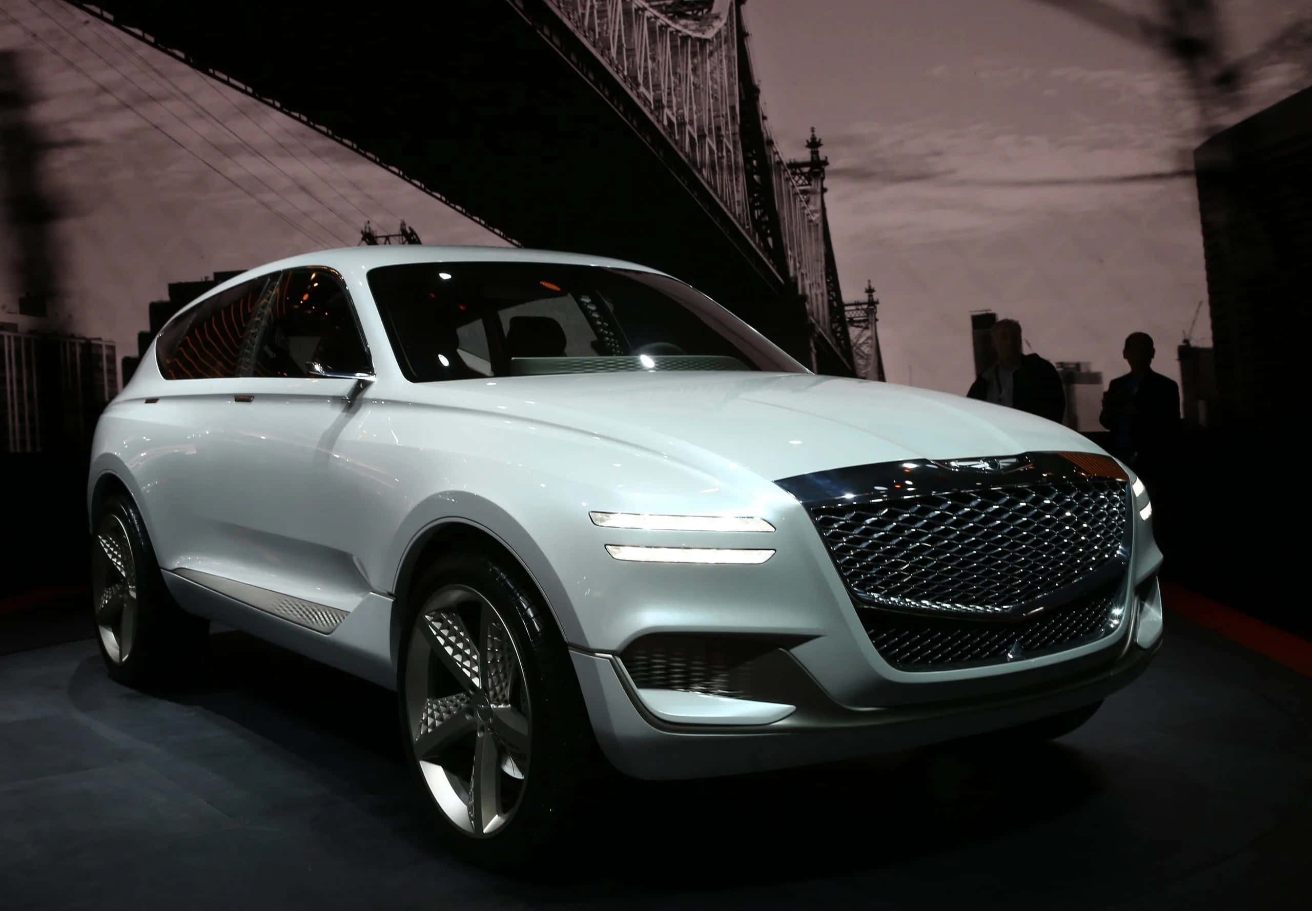Genesis GV80, white, glowing headlights, 2K Desktop Wallpaper