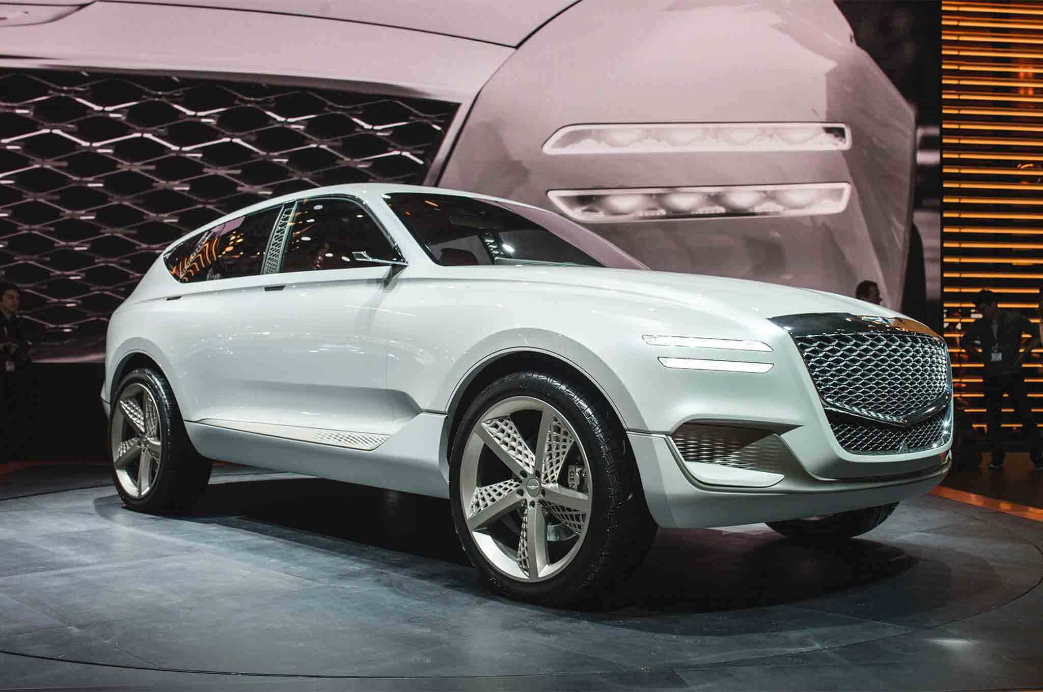 Genesis GV80, white concept SUV, circular stage, Full HD Desktop Wallpaper