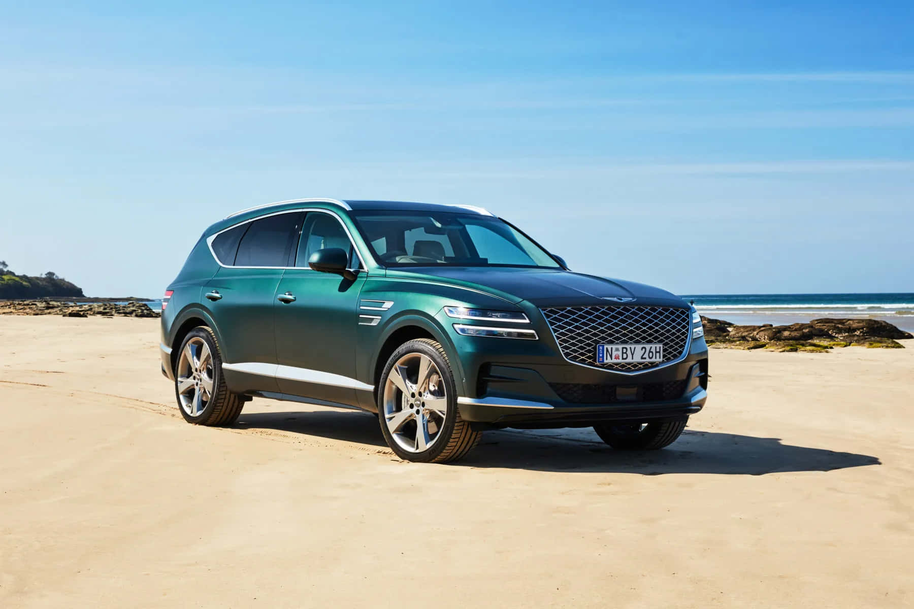 Genesis GV80, sleek green, sandy beach, HD Desktop Wallpaper