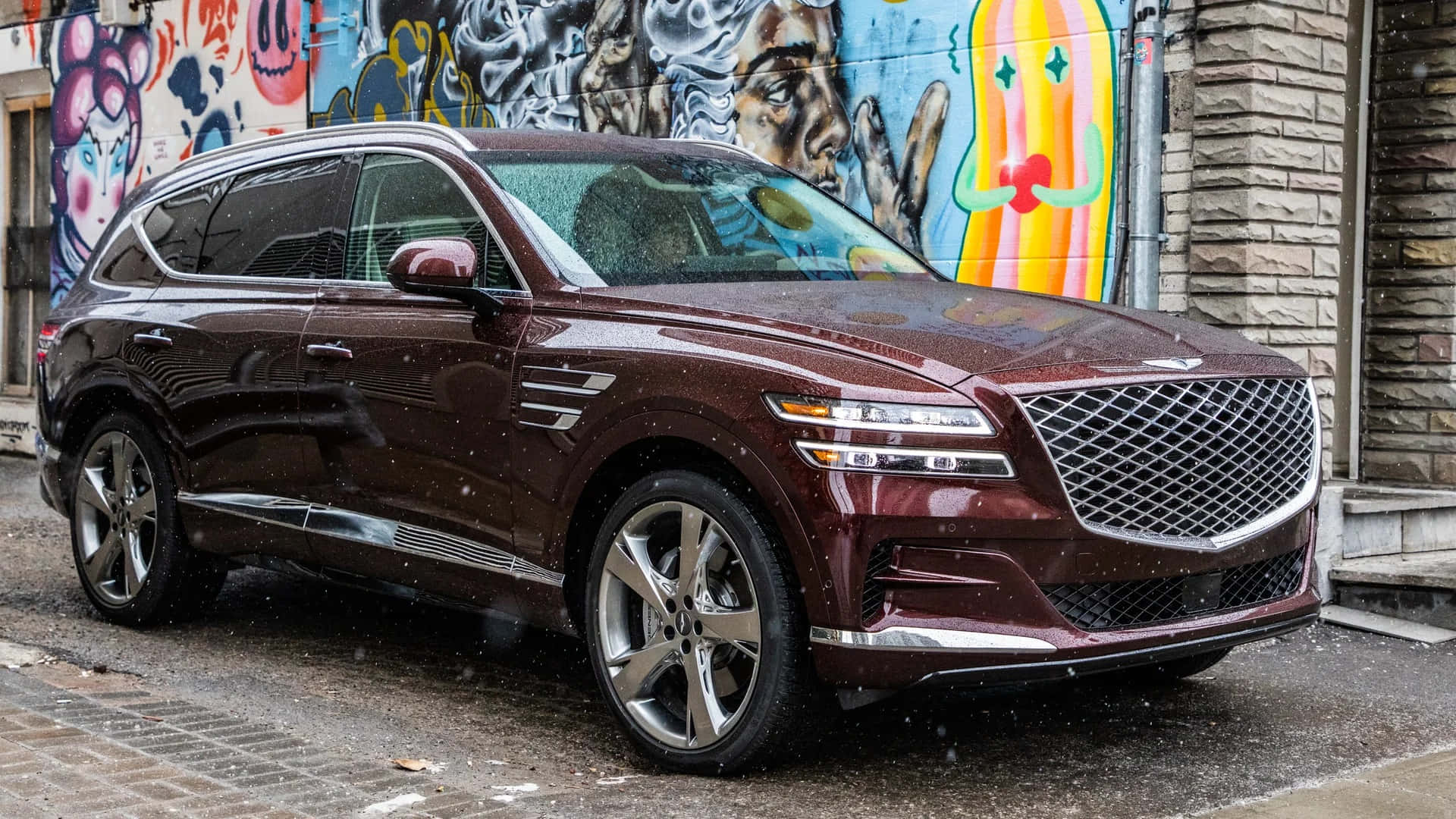 Genesis GV80, maroon, wet cobblestone street, Full HD Desktop Wallpaper