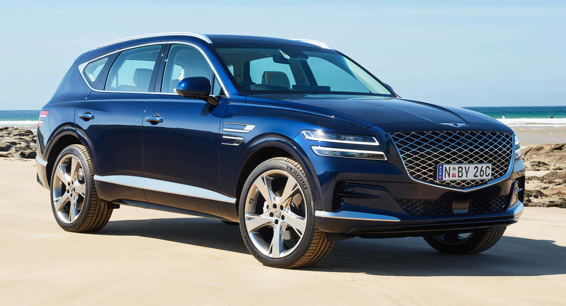 Genesis GV80, blue, sunlit beach, Full HD Desktop Wallpaper