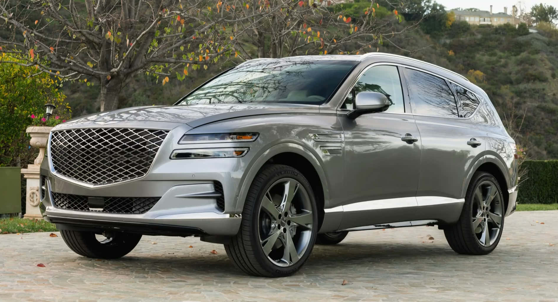Genesis GV80, silver, stone driveway, HD Desktop Wallpaper