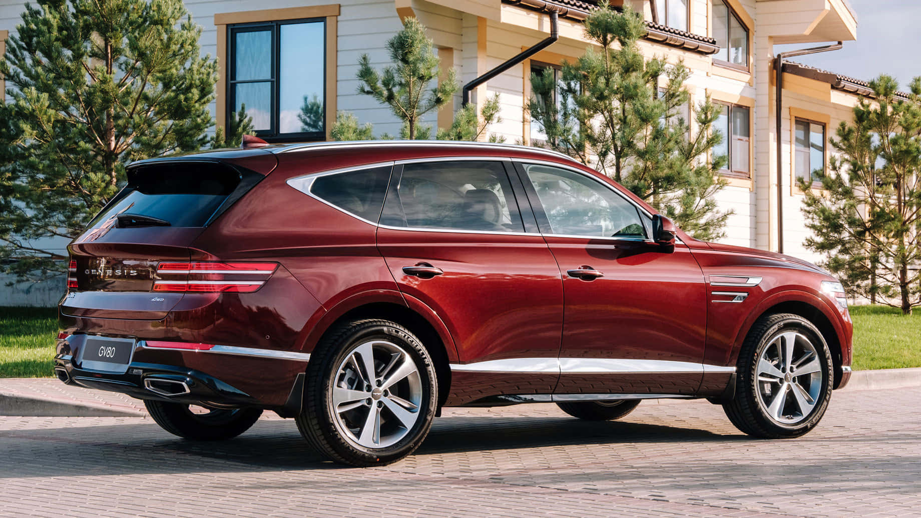 Genesis GV80, glossy maroon, paved driveway, HD Desktop Wallpaper