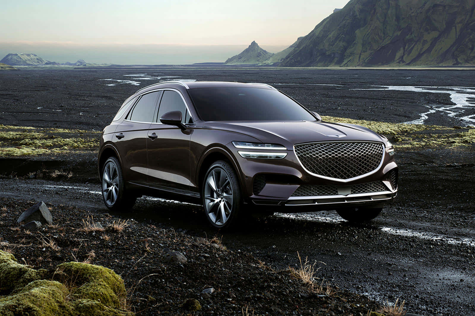 Genesis GV80, brown SUV, black volcanic landscape, HD Desktop Wallpaper
