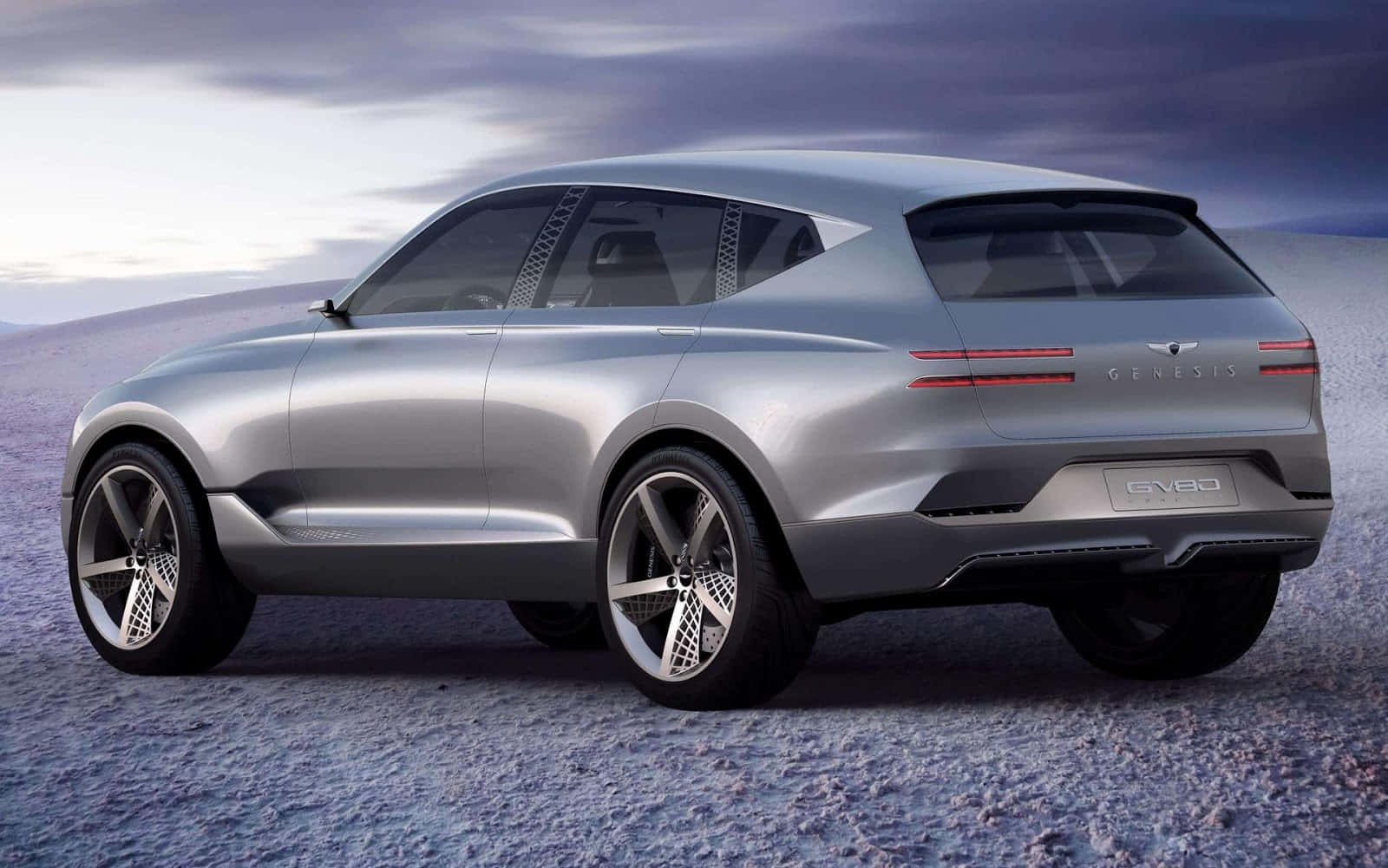 Genesis GV80, silver, rocky desert landscape, HD Desktop Wallpaper