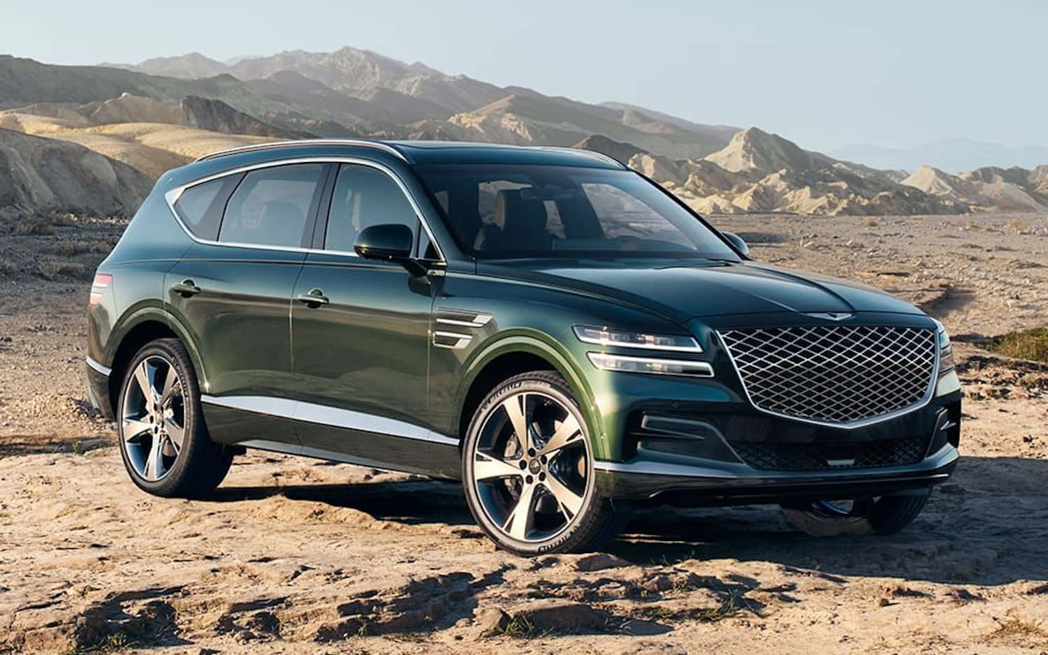 Genesis GV80, dark green, rocky desert terrain, HD Desktop Wallpaper