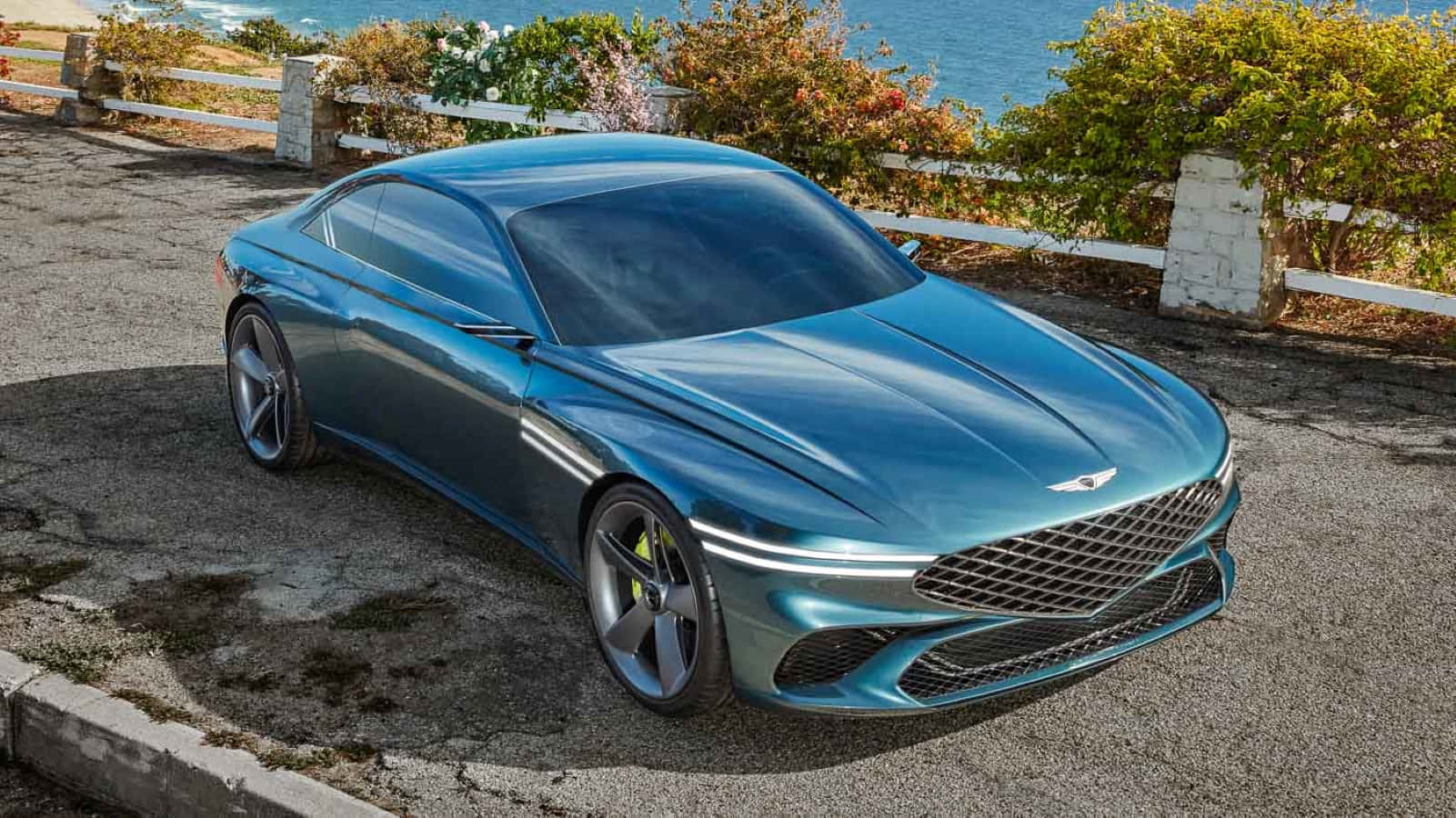 Genesis X Concept, metallic blue, coastal road, HD Desktop Wallpaper