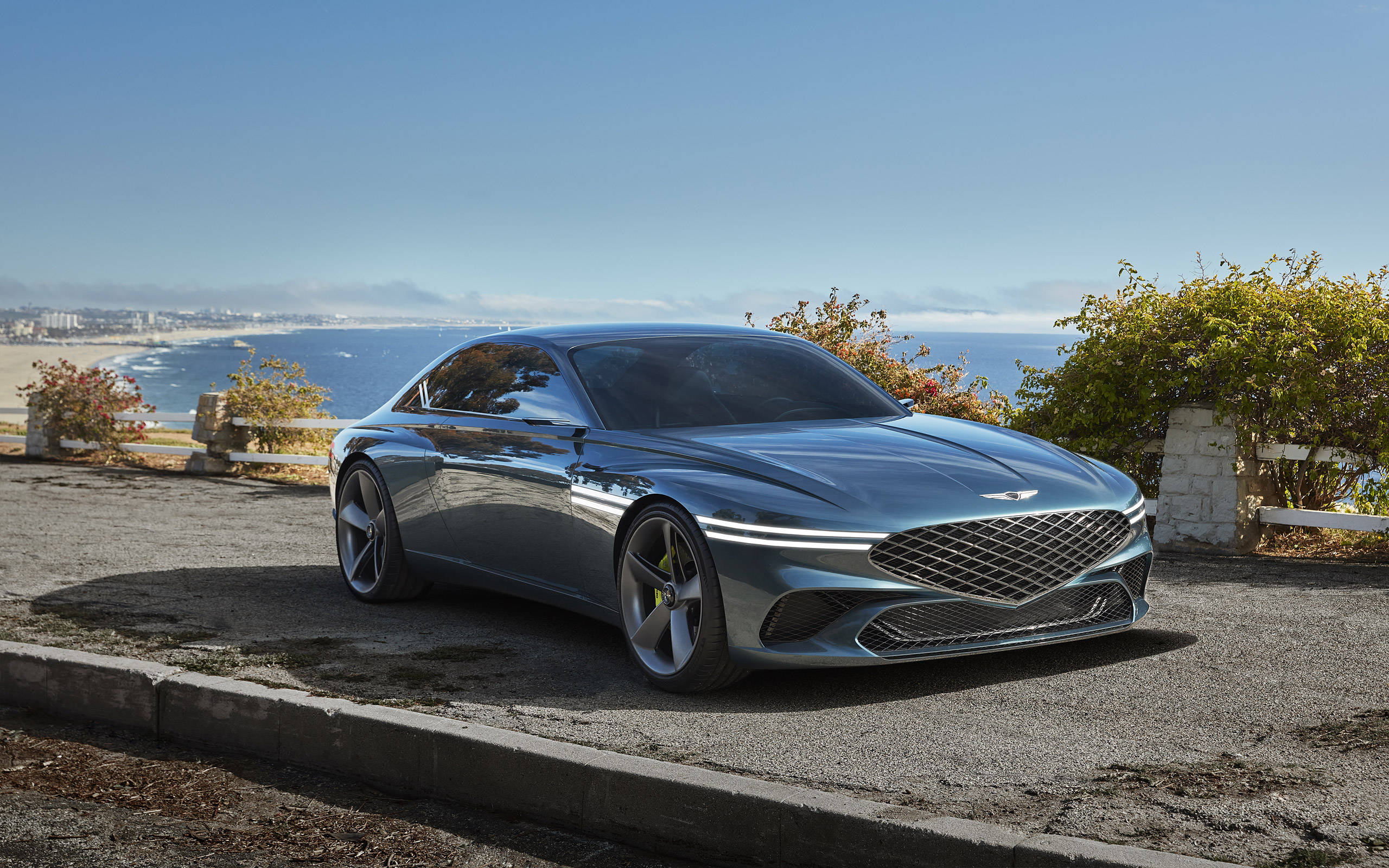 Genesis X, sleek silver sports car, coastal cliff, 2K Desktop Wallpaper