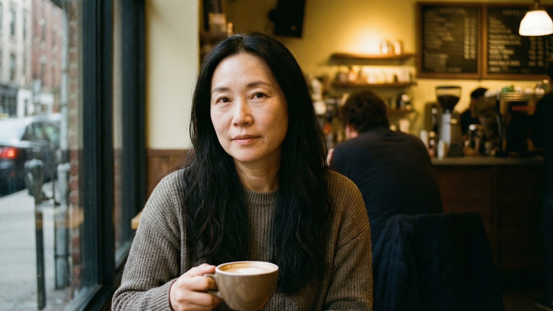 Genevieve Kang, coffee shop, relaxed moment, Full HD Desktop Wallpaper