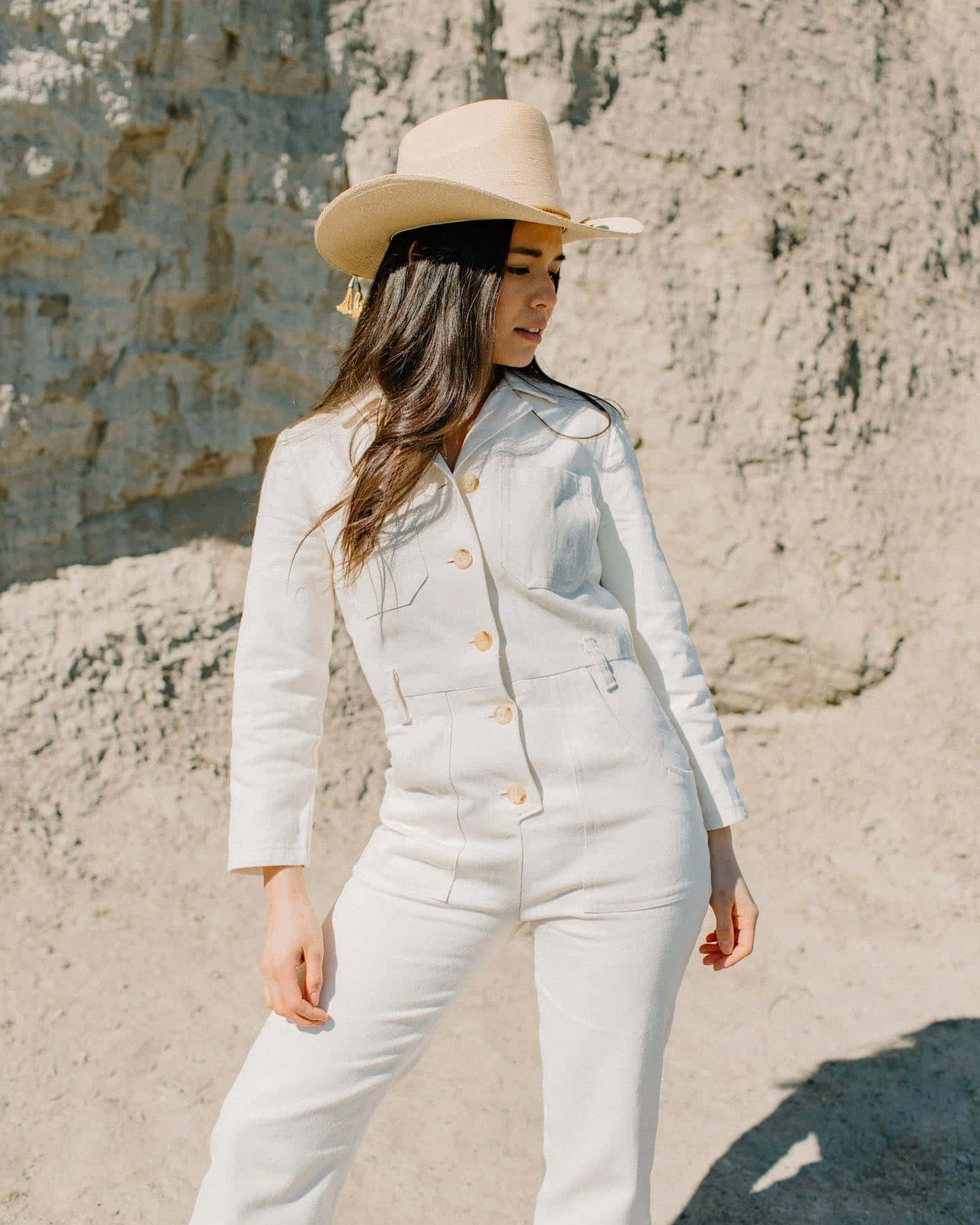 Genevieve Kang, white jumpsuit, straw hat, HD Phone Wallpaper