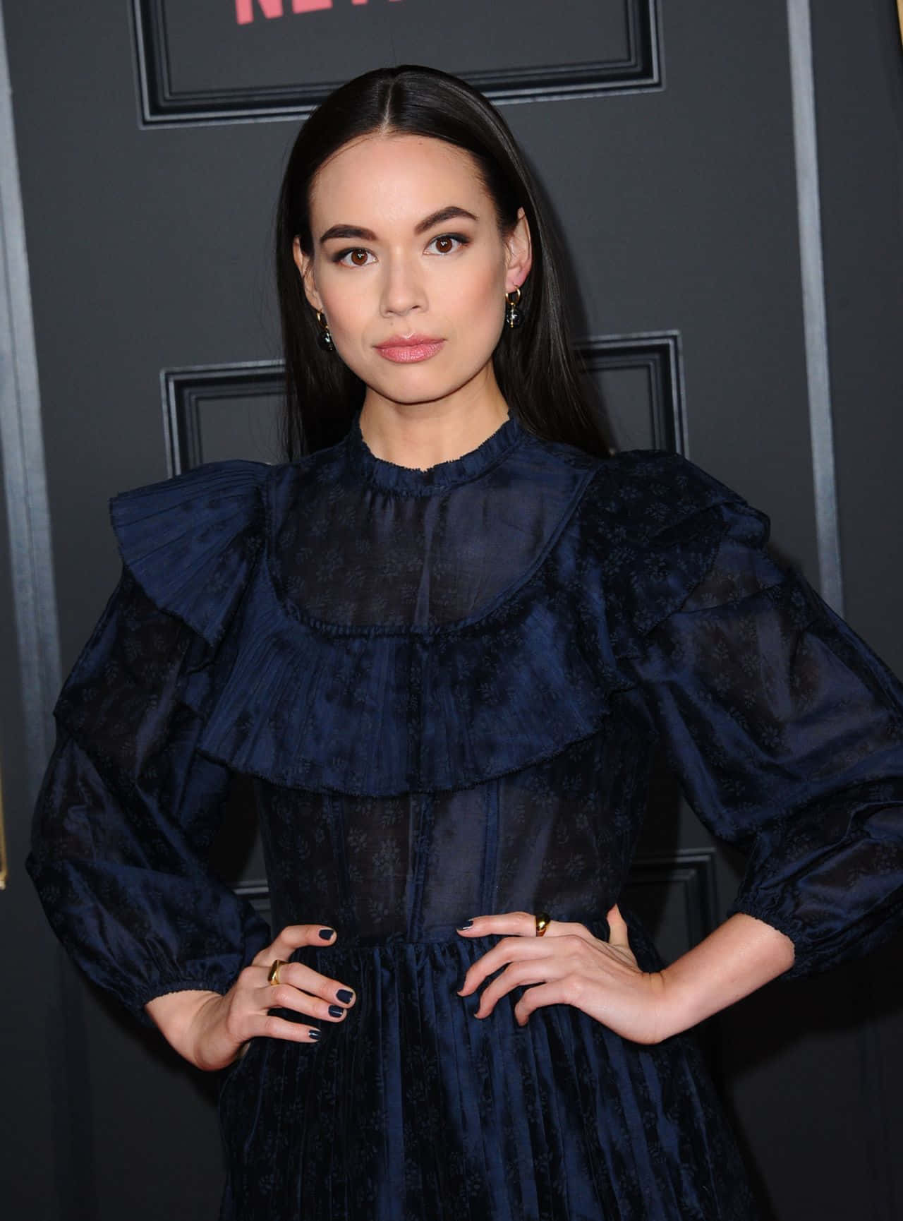 Genevieve Kang, navy blue ruffled dress, hands on hips, HD Phone Wallpaper