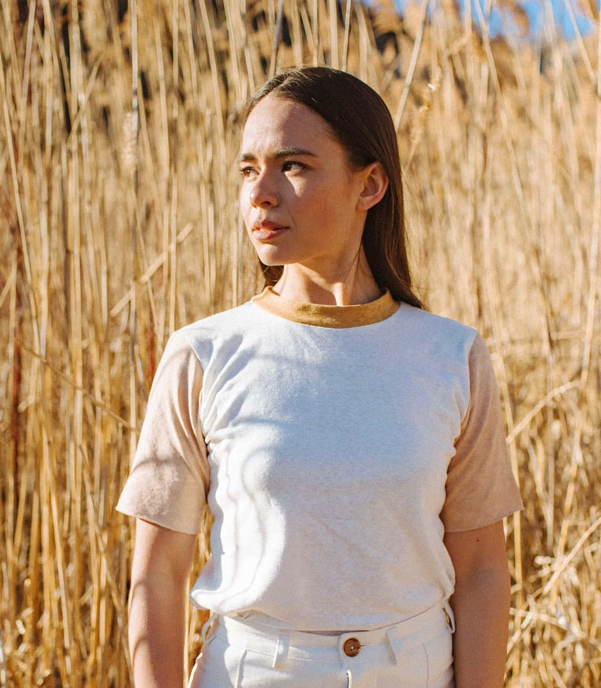 Genevieve Kang, white tshirt, golden reeds, HD Phone Wallpaper