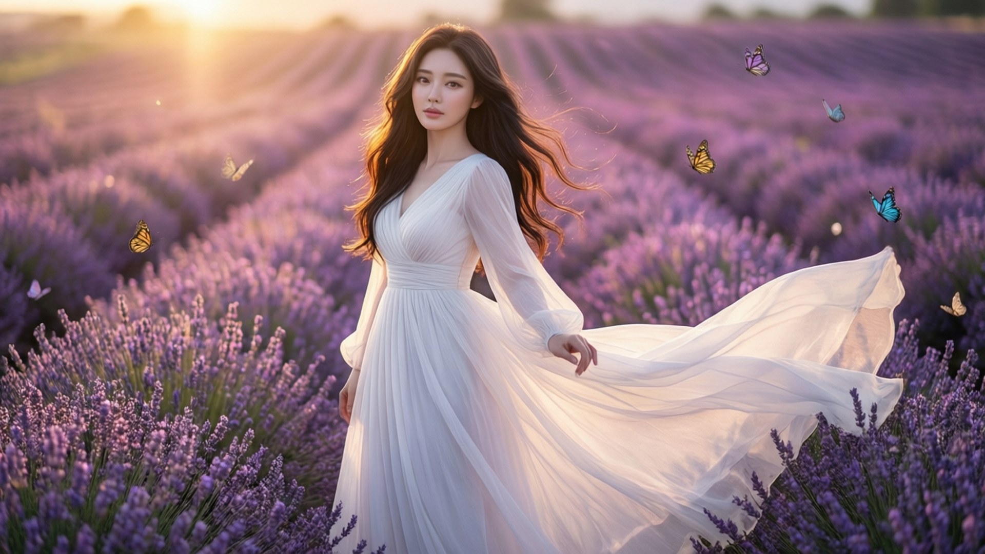 Genevieve Kang, lavender field, sunset, Full HD Desktop Wallpaper