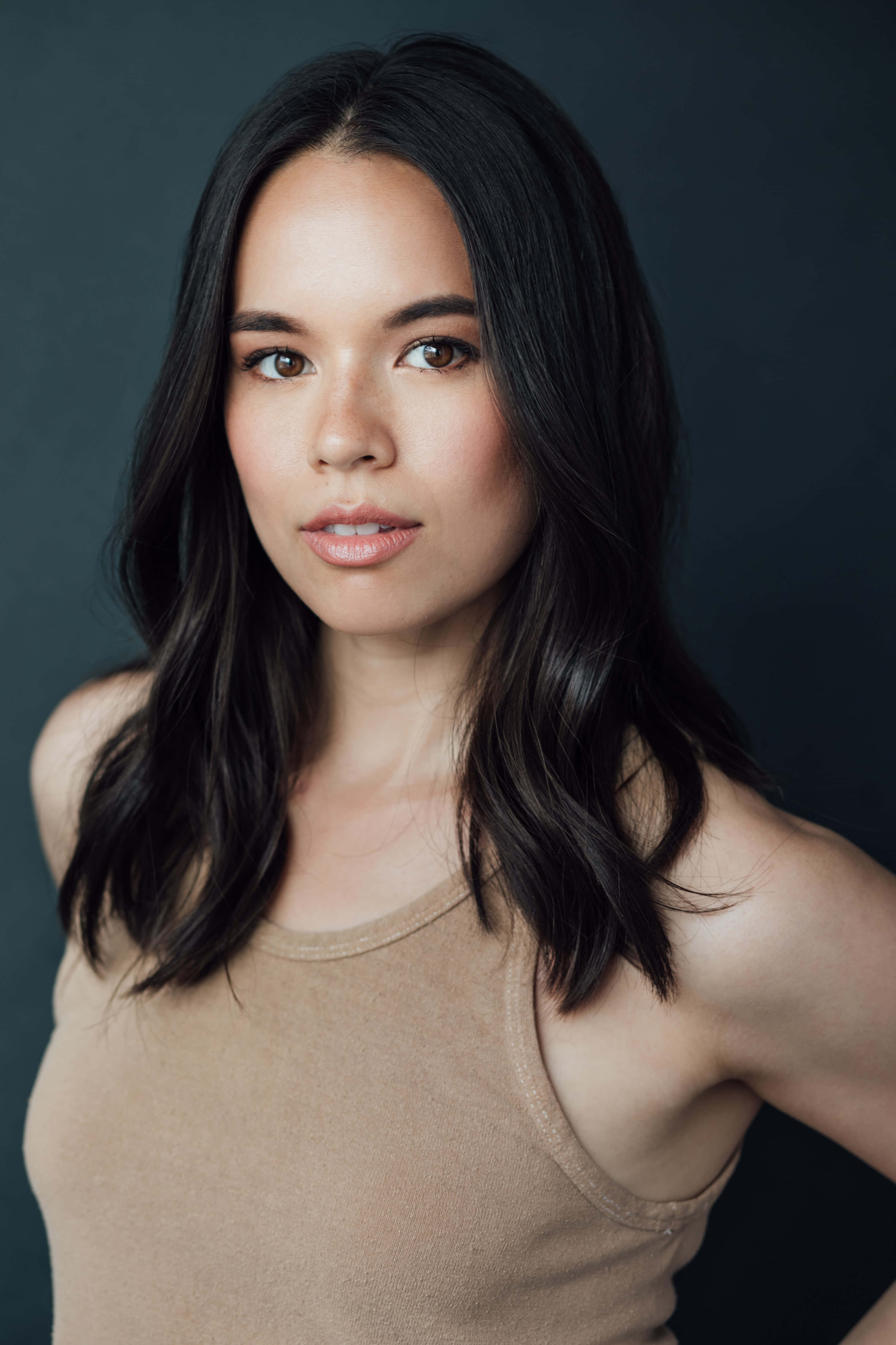 Genevieve Kang, dark wavy hair, warm brown eyes, 4K Phone Wallpaper