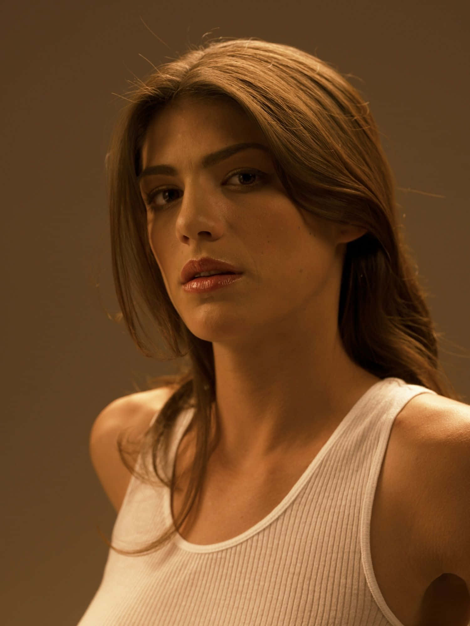 Genevieve Padalecki, white ribbed tank top, long brown hair, Full HD Phone Wallpaper