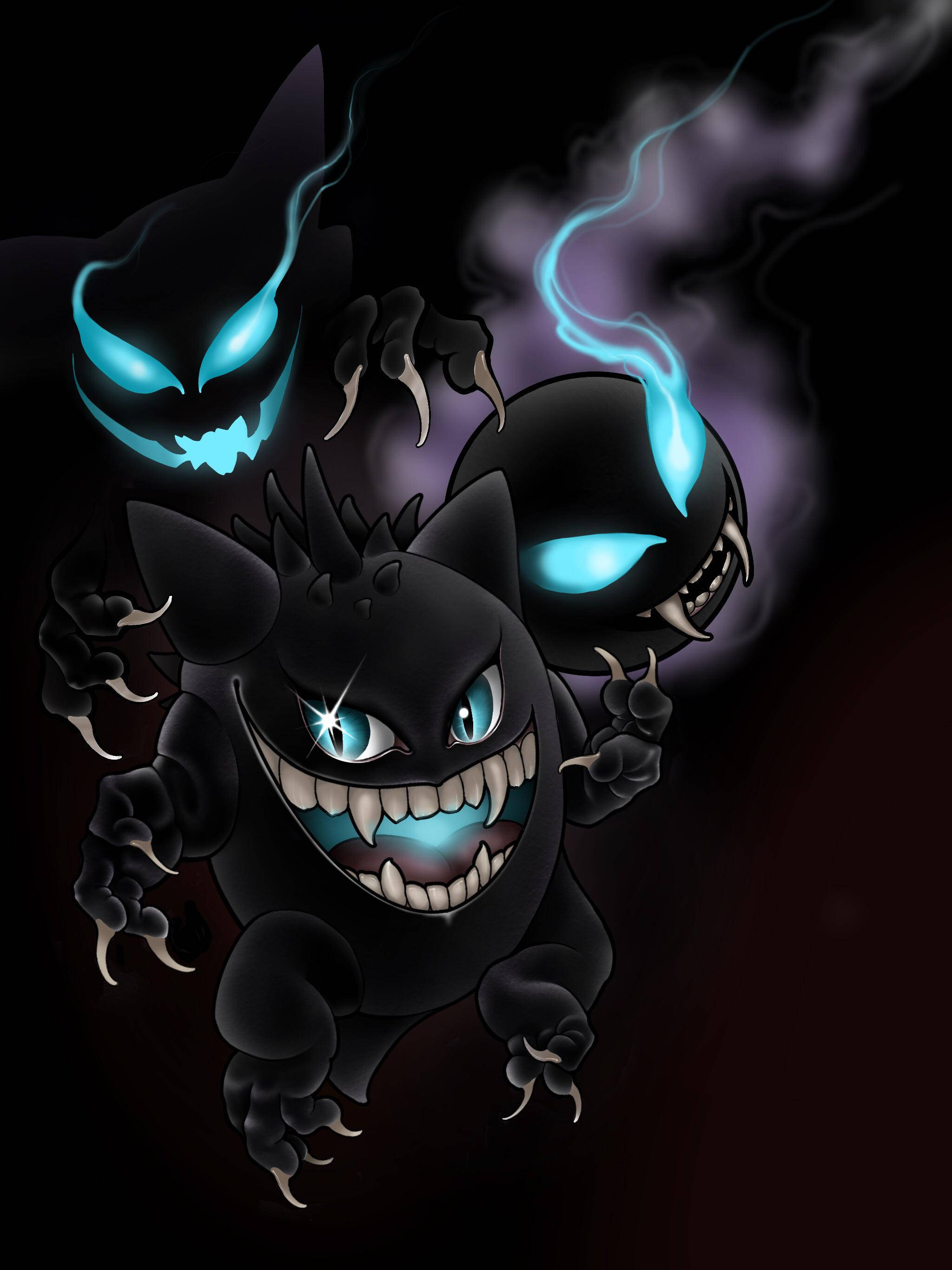 Gengar, black, glowing blue eyes, 2K Phone Wallpaper