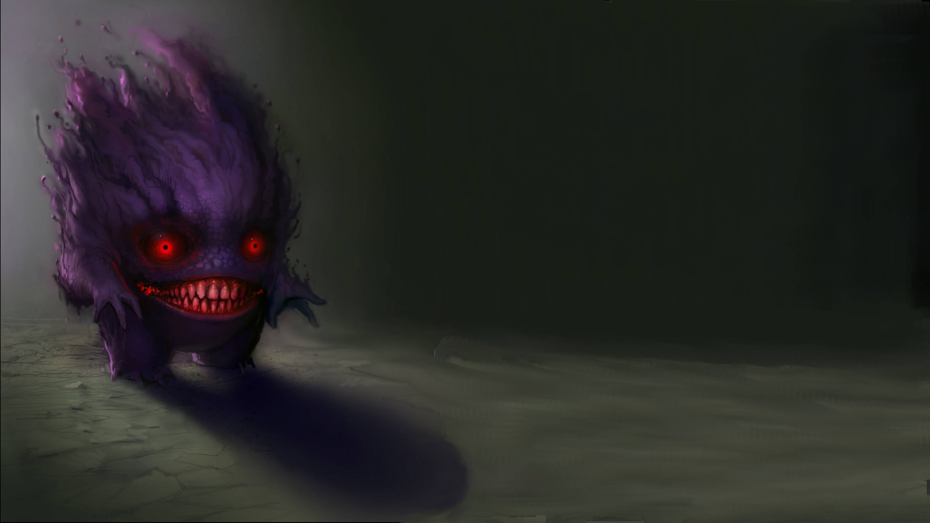Gengar, purple, glowing red eyes, 2K Desktop Wallpaper