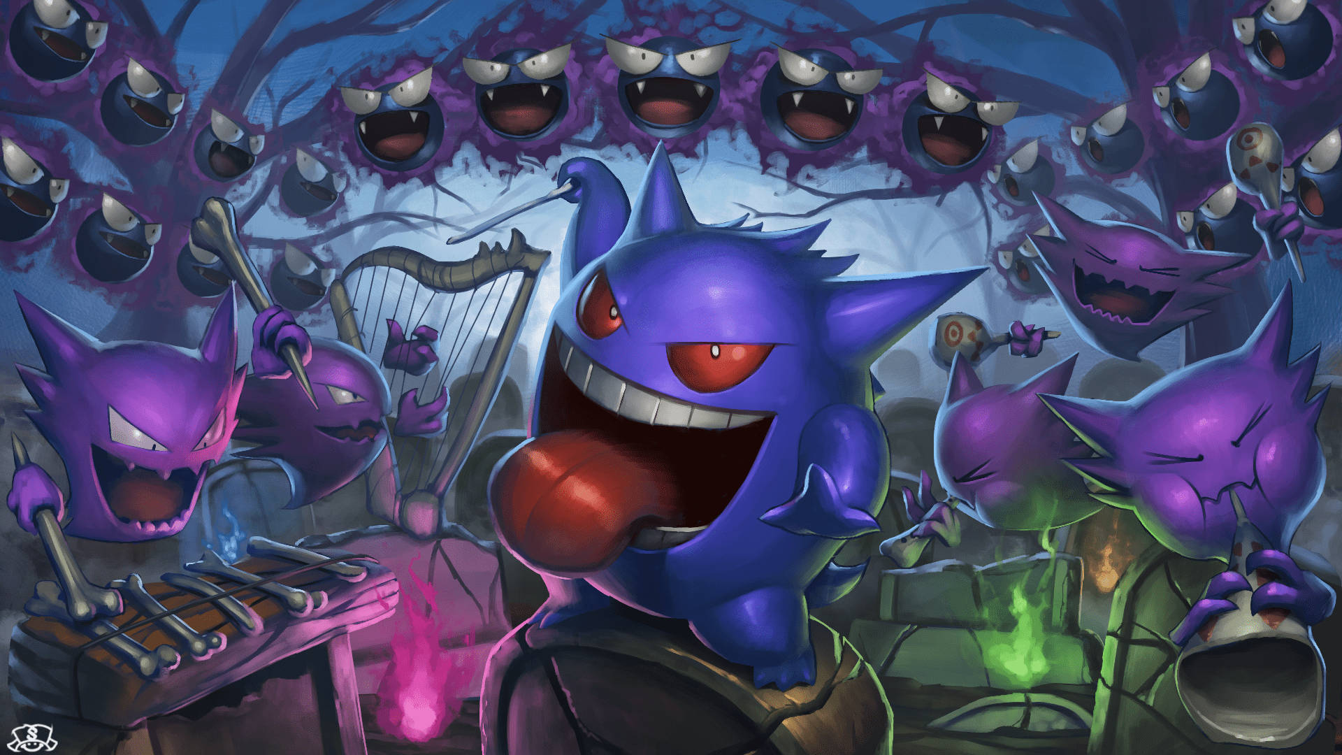 Gengar, haunted tree, ghostly Pokémon, Full HD Desktop Wallpaper