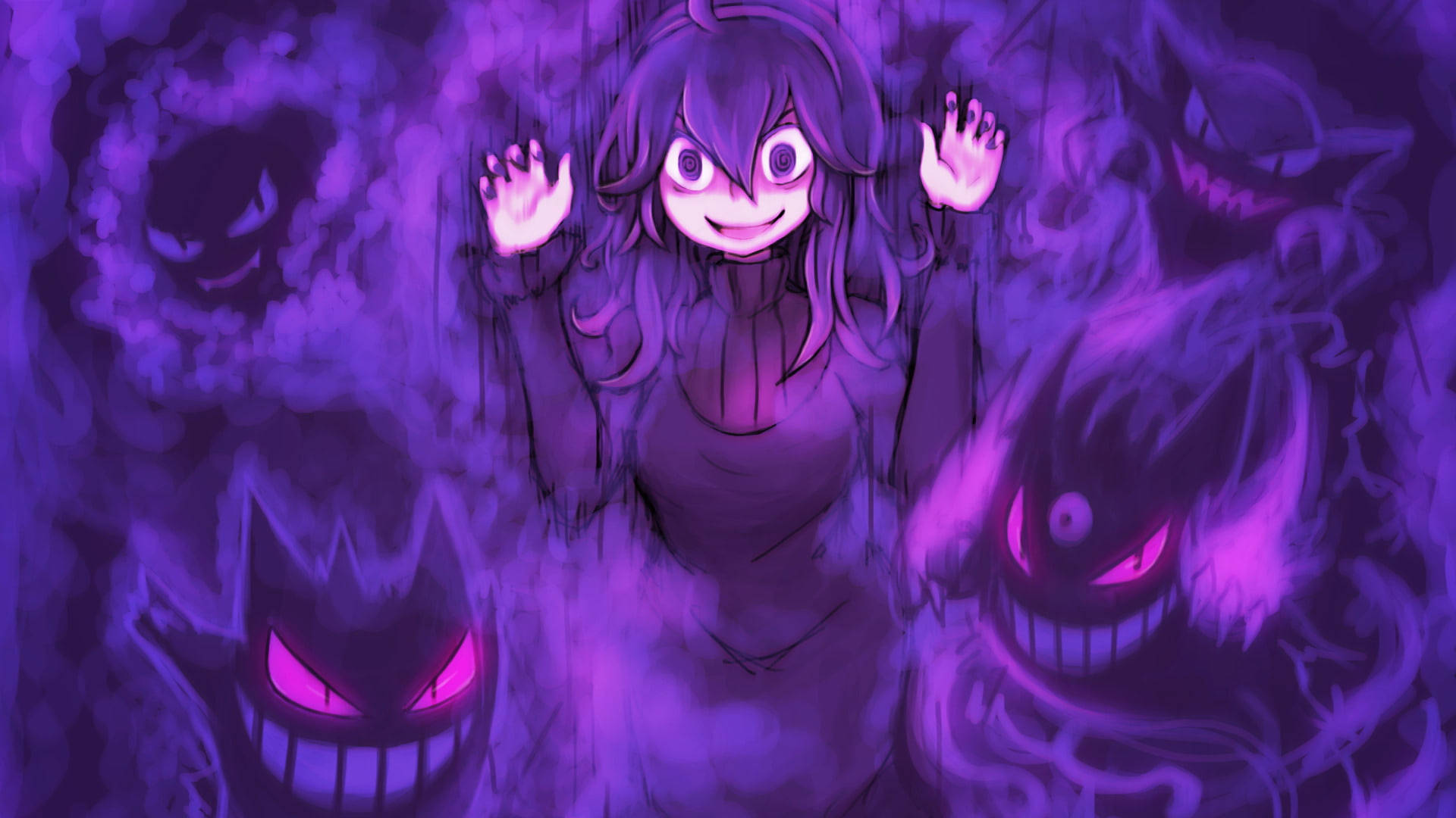 Gengar, ghost girl, purple-haired anime girl, Full HD Desktop Wallpaper