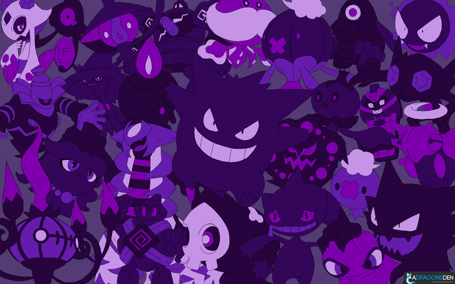 Gengar, purple Pokémon, eerie patterned forest, Full HD Desktop Wallpaper