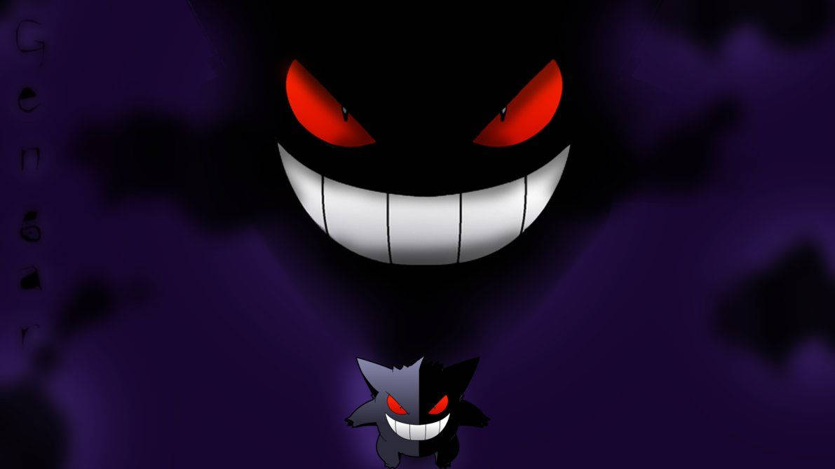 Gengar, glowing red eyes, sharp teeth, SD Desktop Wallpaper