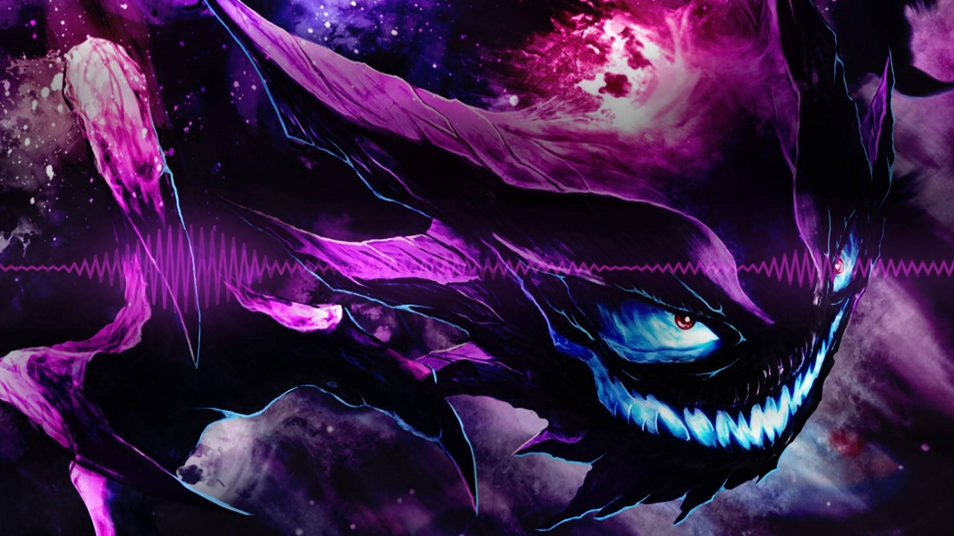 Gengar, glowing blue eyes, jagged teeth, Full HD Desktop Wallpaper