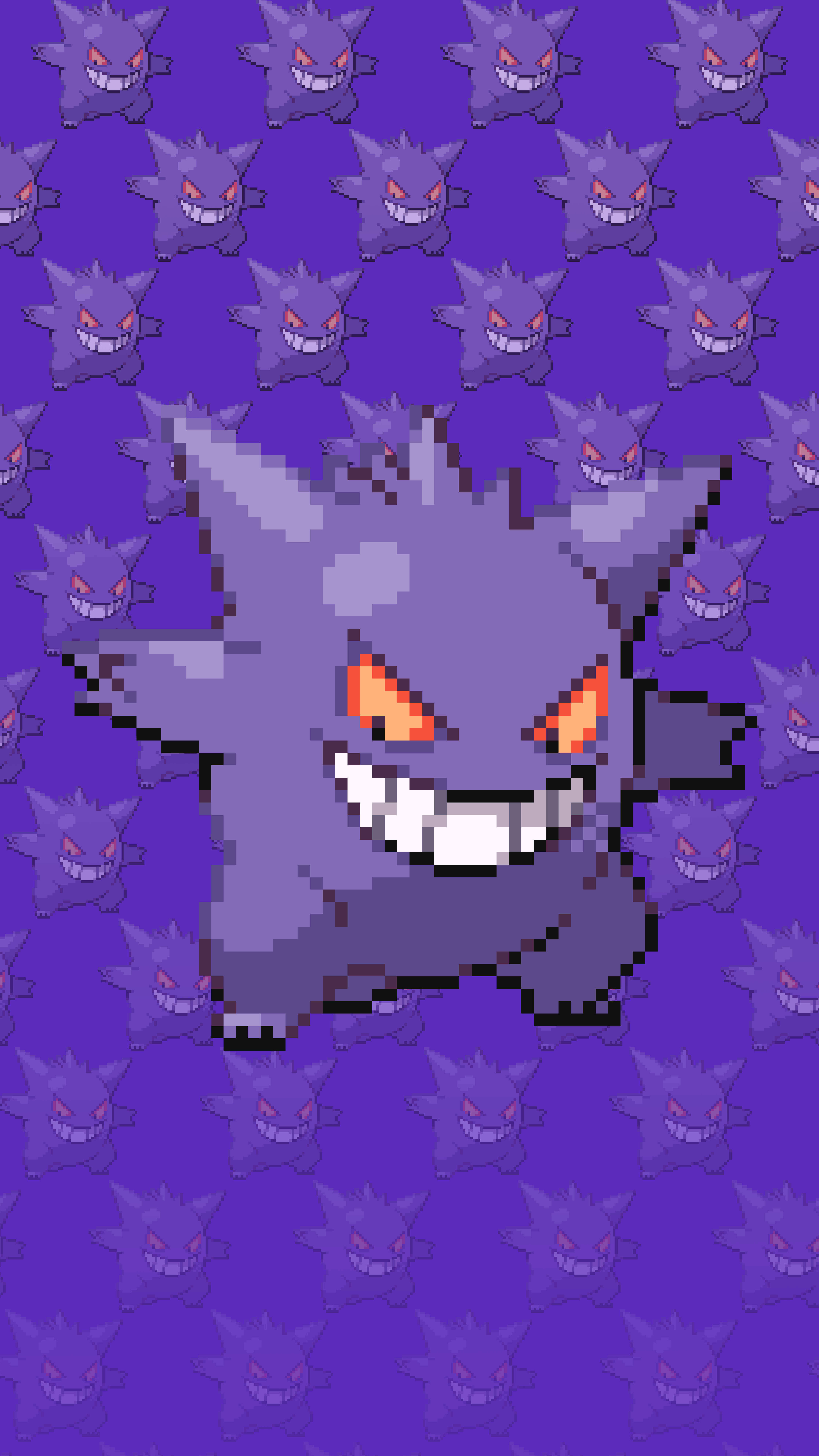 Gengar, pixelated, glowing orange eyes, 8K Phone Wallpaper